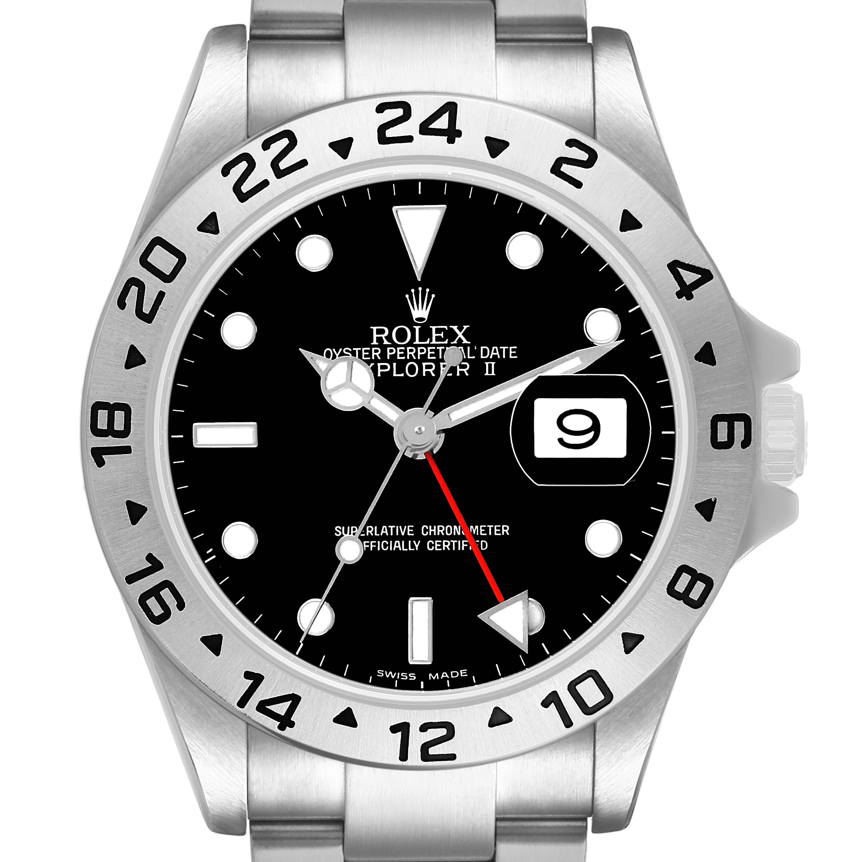 The Rolex Explorer 16570 T Men's Stainless Steel Black Dial II watch is shown from a front angle, highlighting the dial, bezel, and part of the bracelet.