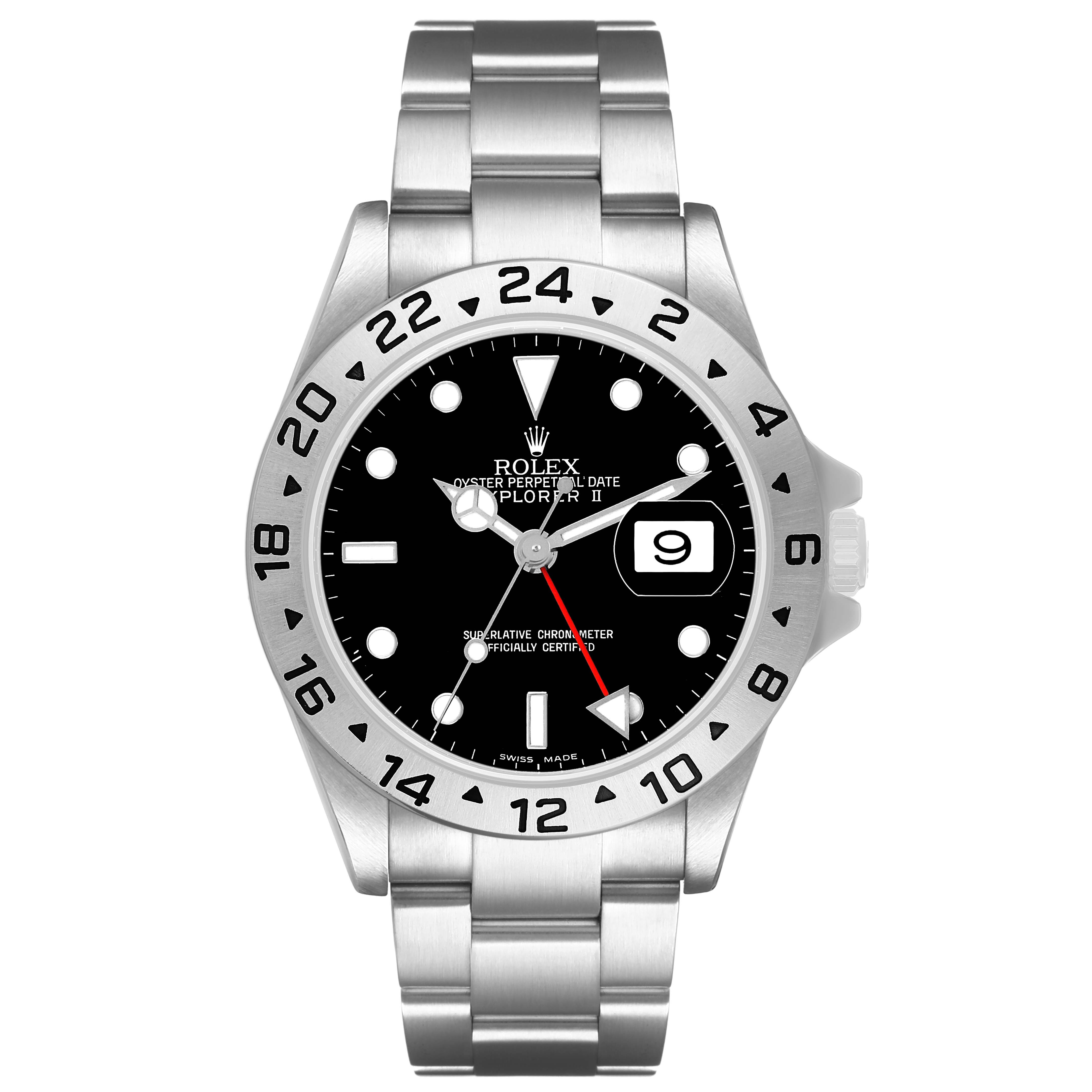 The Rolex Explorer 16570 T Men's Stainless Steel Black Dial model watch is shown from a front angle, highlighting its dial, bezel, crown, and bracelet.