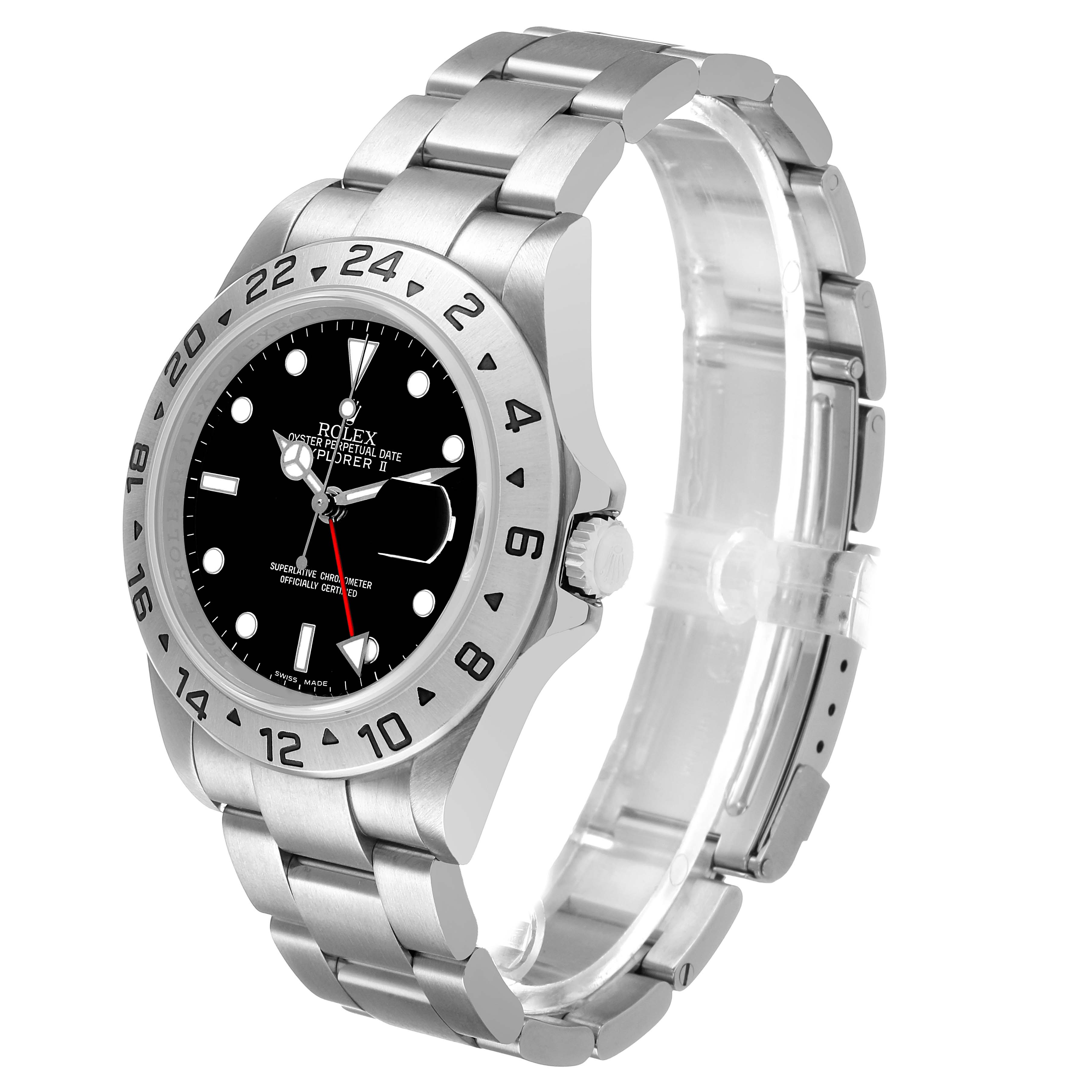 The Rolex Explorer 16570 T Men's Stainless Steel Black Dial watch is shown at a side angle displaying the bezel, dial, and bracelet.