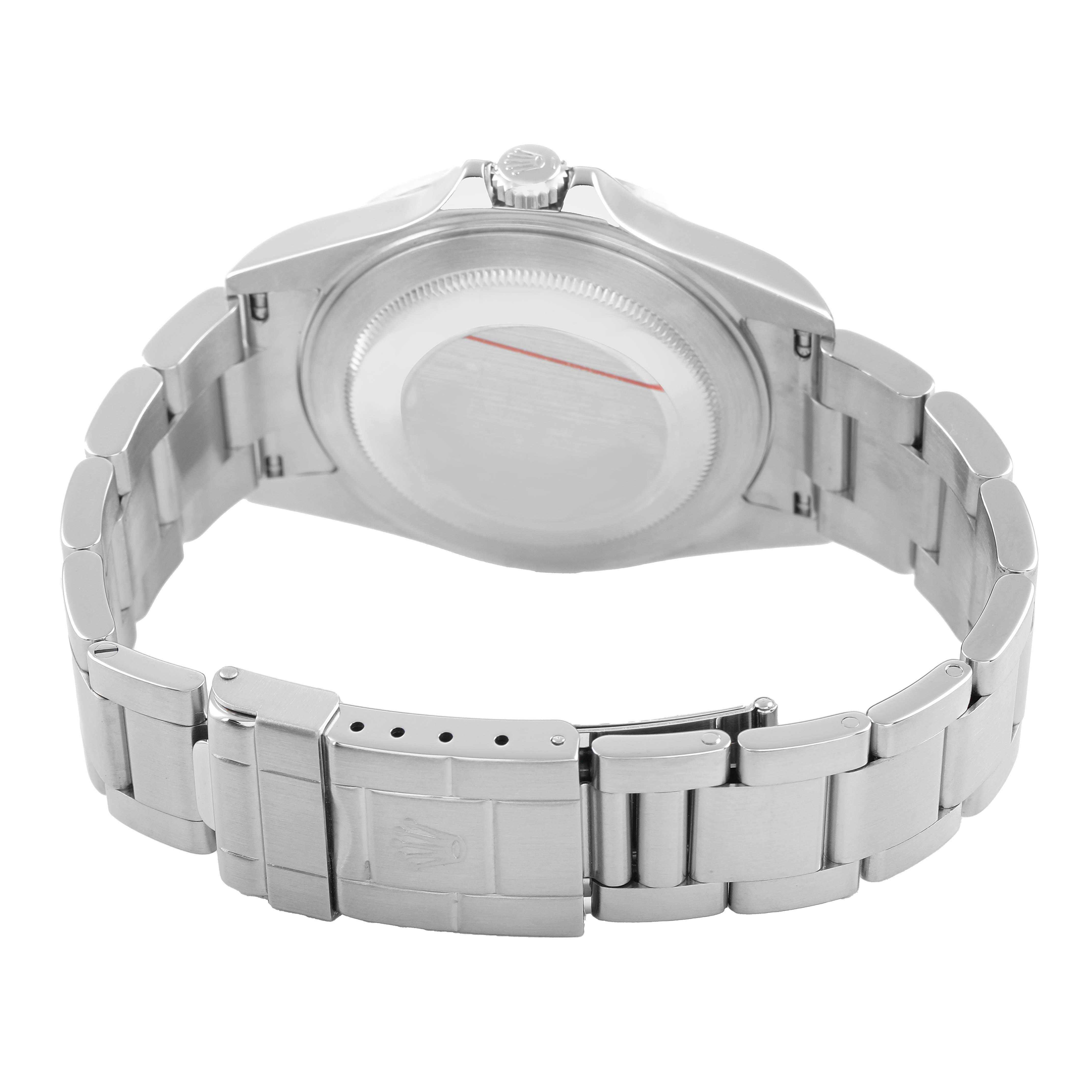 The image shows the back and bracelet of a Rolex Explorer 16570 T Men's Stainless Steel Black Dial model, highlighting the clasp and case back.