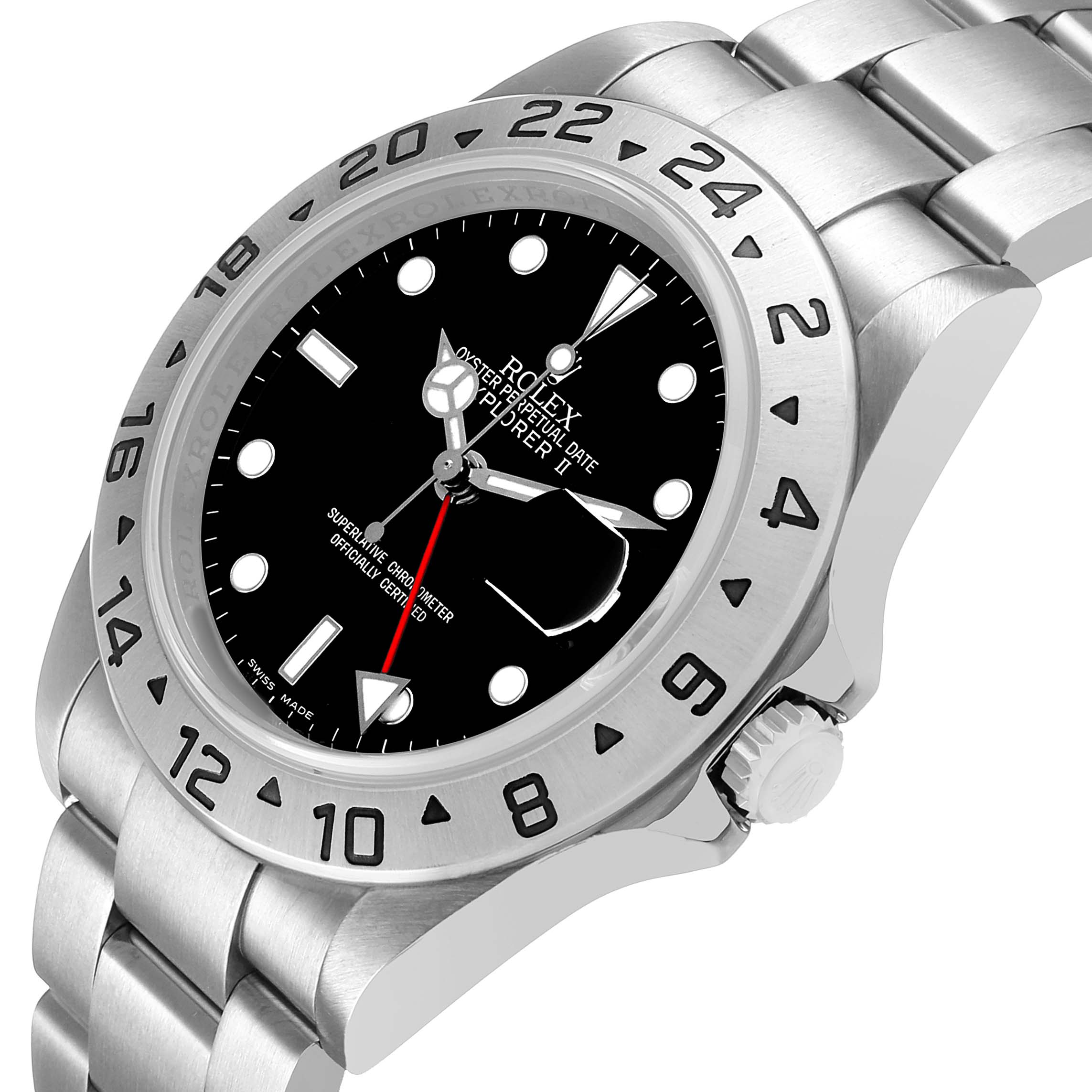 The Rolex Explorer 16570 T Men's Stainless Steel Black Dial watch is shown at an angled view, highlighting the dial, bezel, crown, and bracelet.