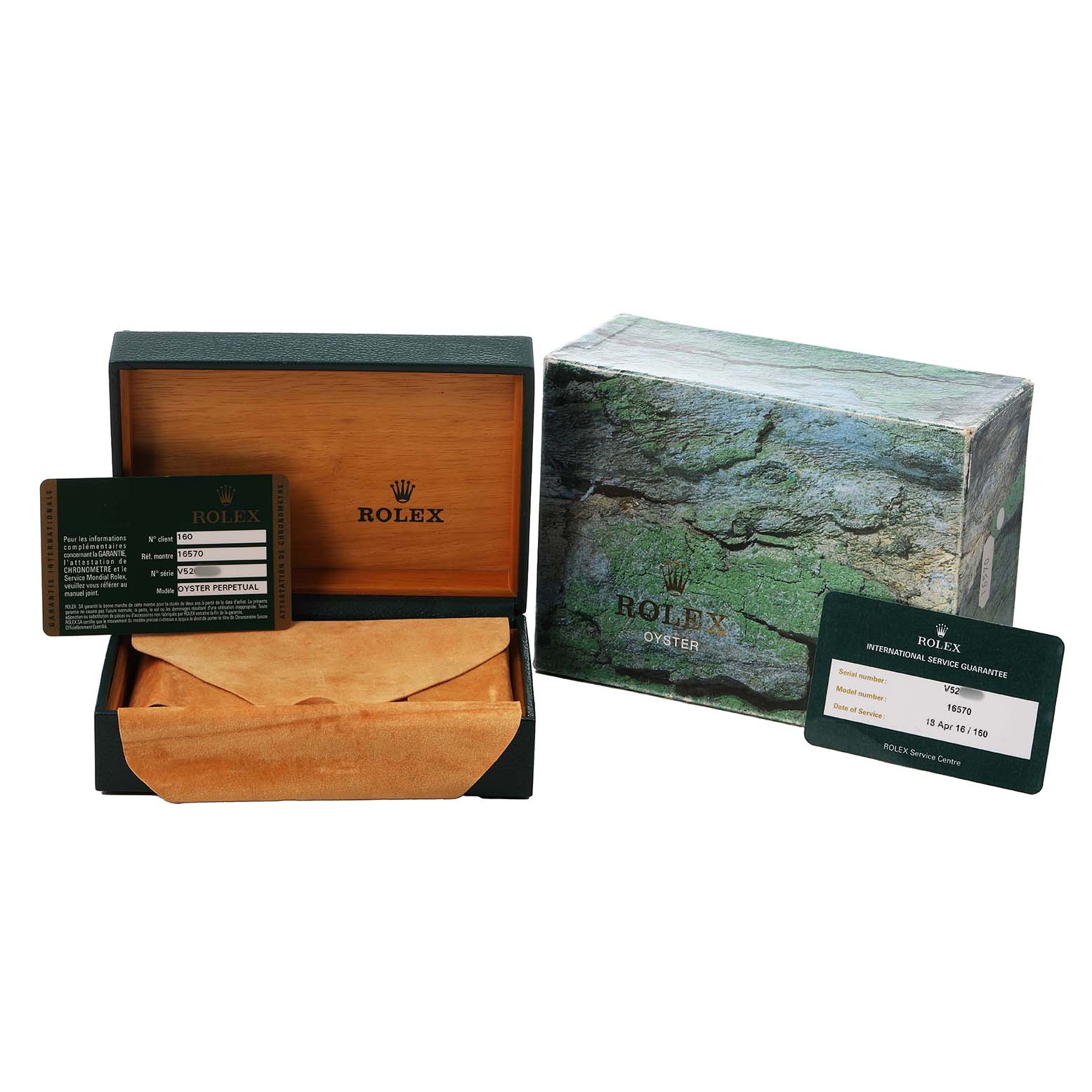 The image shows the packaging and documentation for a Rolex Explorer 16570 T Men's Stainless Steel Black Dial, including the box, outer box, and warranty cards.