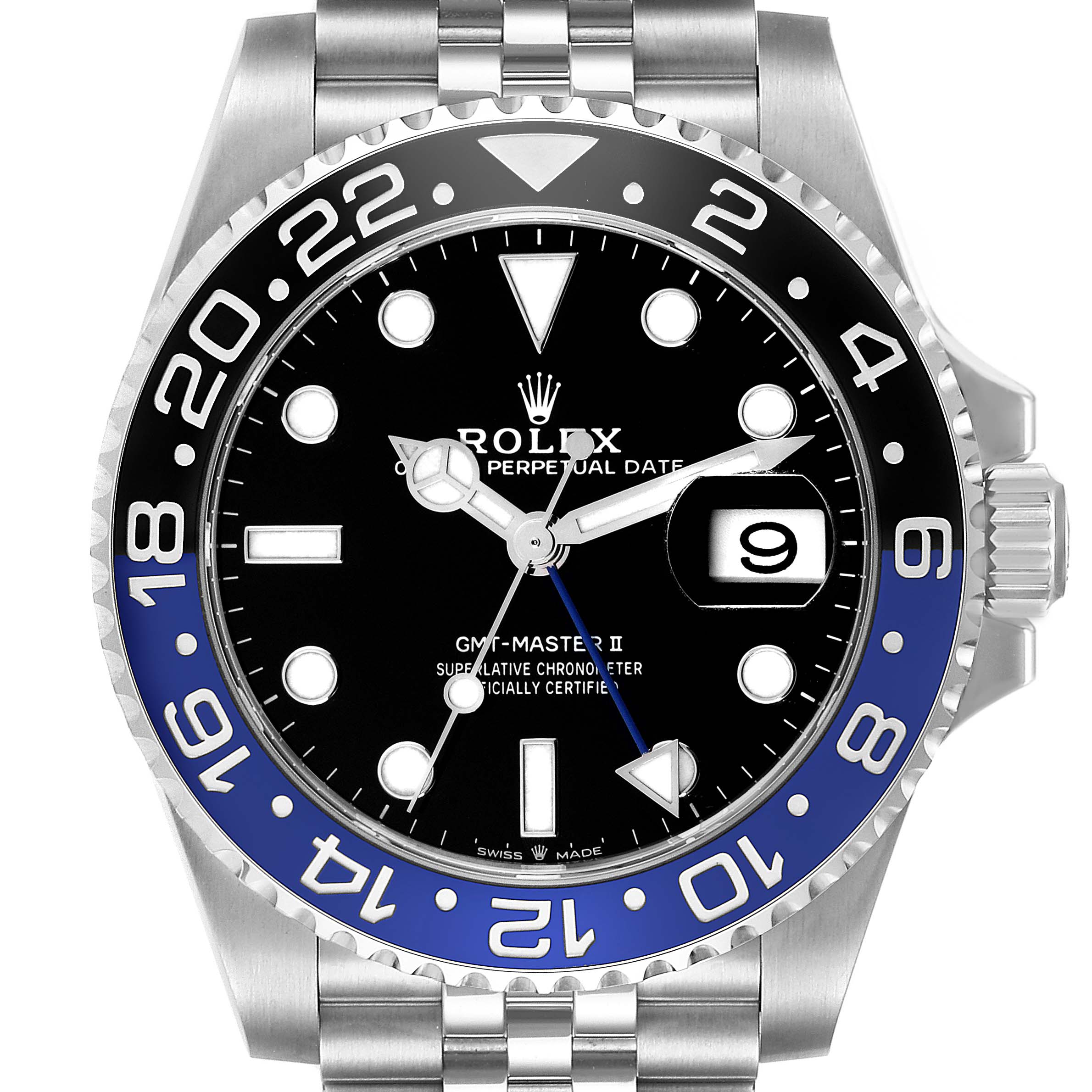 The image shows a Rolex GMT-Master 126710BLNR Men
s Stainless Steel Black Dial 126710BLNR Men
s Stainless Steel Black Dial II watch, displaying the face, bezel, crown, and part of the bracelet from the front view.