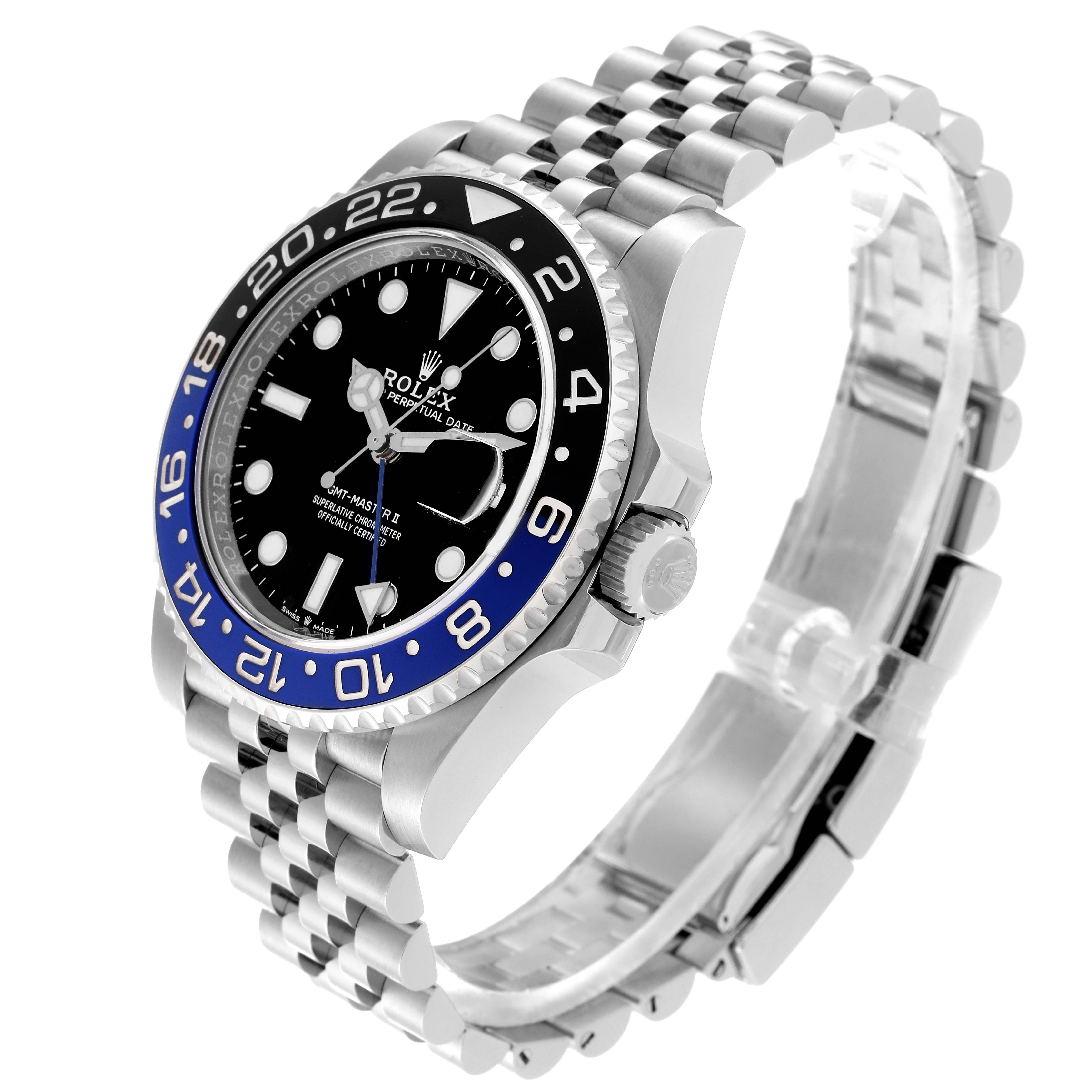 The image shows a Rolex GMT-Master 126710BLNR Men
s Stainless Steel Black Dial 126710BLNR Men
s Stainless Steel Black Dial watch at an angled view, displaying its face, bezel, crown, and bracelet.