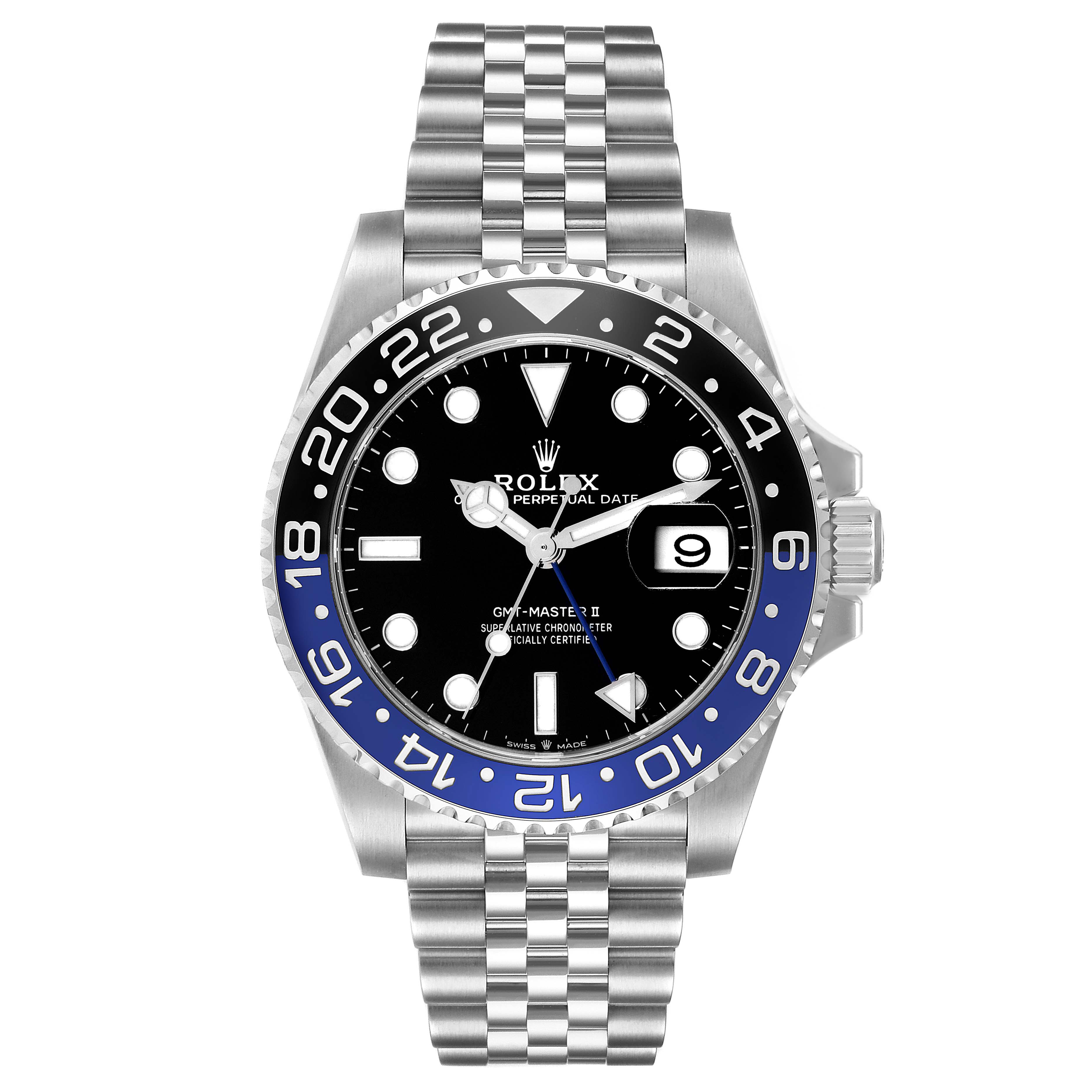 The image shows the front view of a Rolex GMT-Master 126710BLNR Men
s Stainless Steel Black Dial 126710BLNR Men
s Stainless Steel Black Dial II watch, highlighting the dial, bezel, and bracelet.