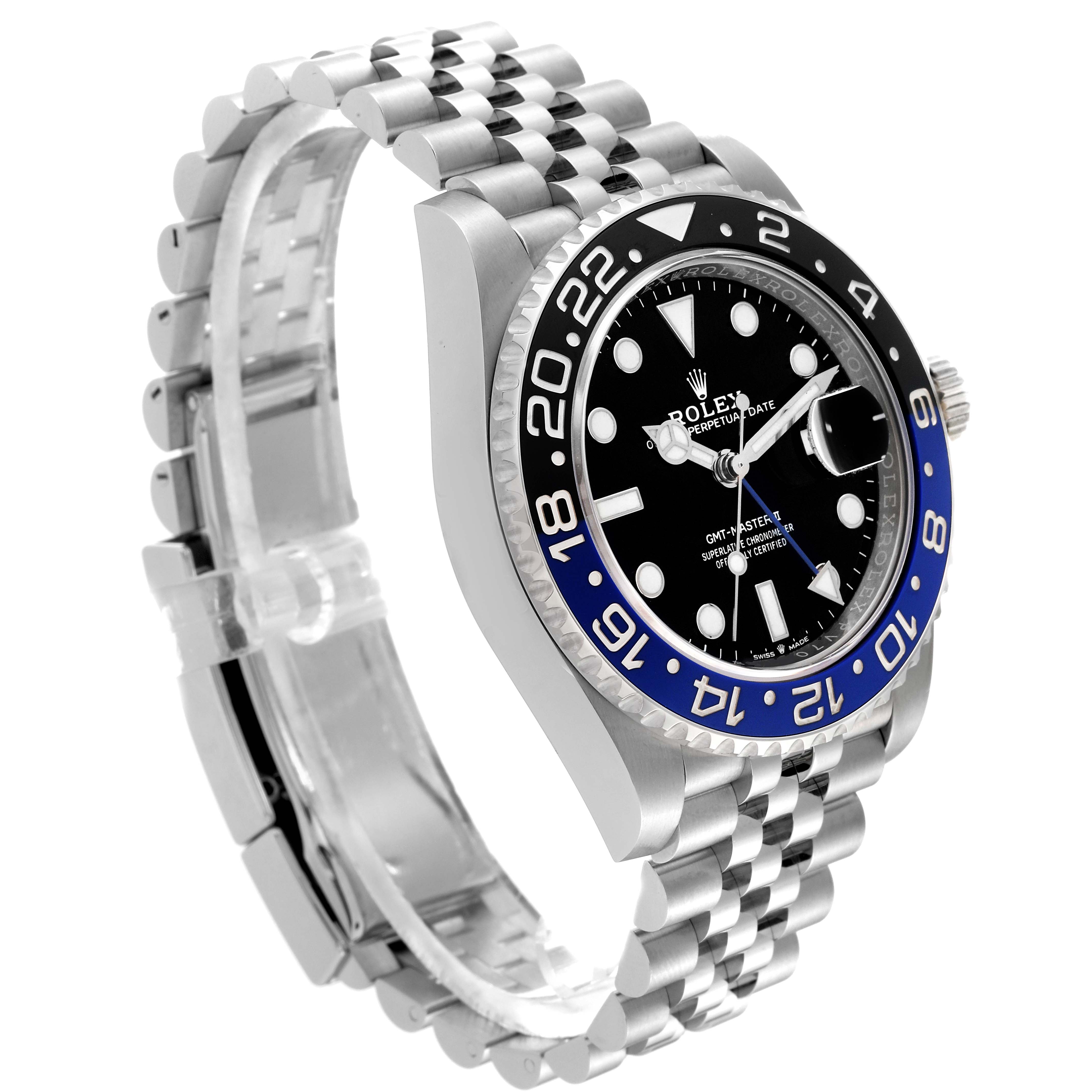 The Rolex GMT-Master 126710BLNR Men
s Stainless Steel Black Dial 126710BLNR Men
s Stainless Steel Black Dial watch is shown at a three-quarter angle, highlighting the bezel, crown, bracelet, and face.