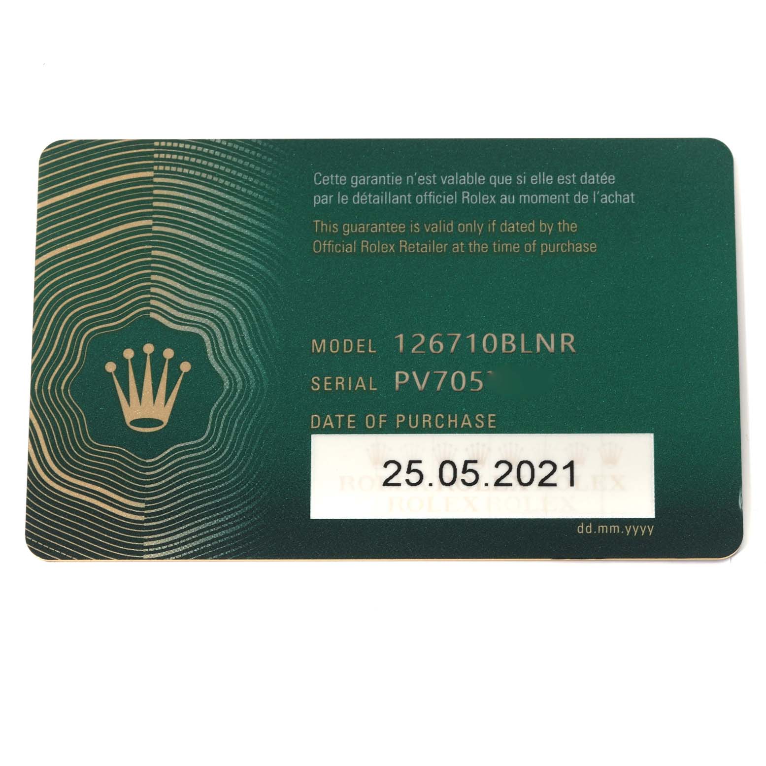 The image shows a warranty card for the Rolex GMT-Master 126710BLNR Men
s Stainless Steel Black Dial 126710BLNR Men
s Stainless Steel Black Dial model 126710BLNR with a purchase date of 25.05.2021.