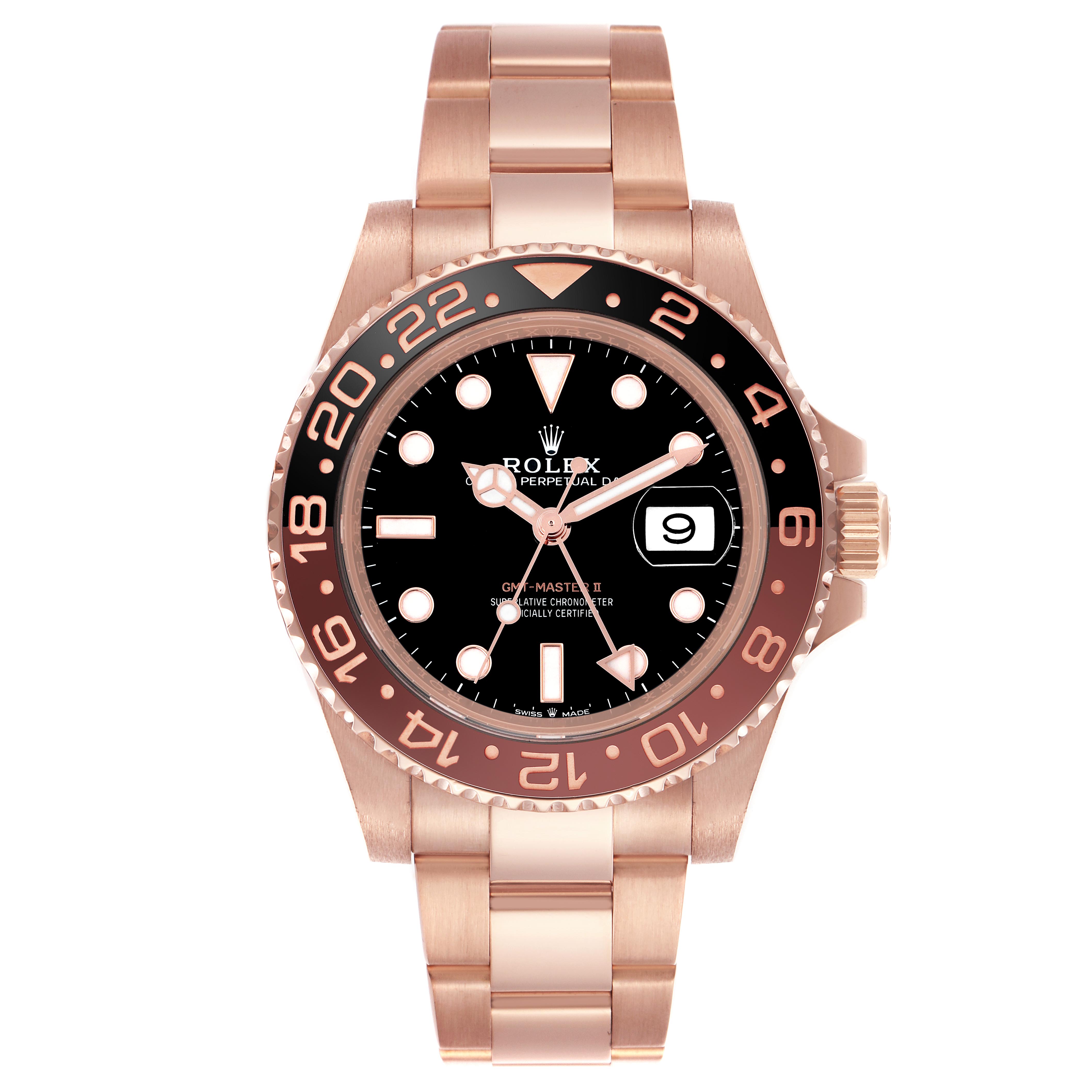 The Rolex GMT-Master 126715CHNR Men
s Rose Gold Black Dial 126715CHNR Men
s Rose Gold Black Dial model is shown from the front, displaying the bezel, dial, hands, date, and bracelet.