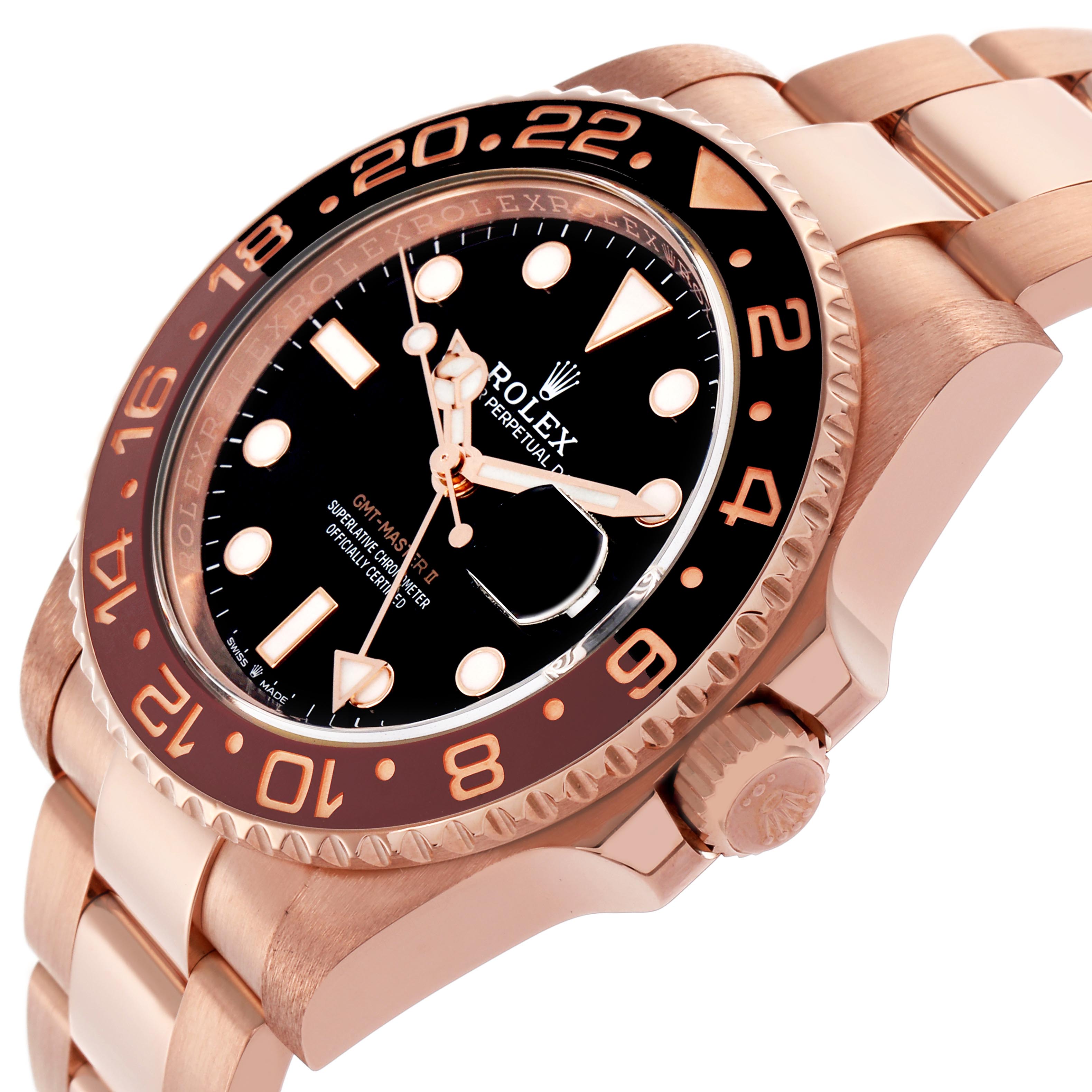 The Rolex GMT-Master 126715CHNR Men
s Rose Gold Black Dial 126715CHNR Men
s Rose Gold Black Dial watch is shown from an upper side angle, highlighting the bezel, crown, and part of the bracelet.