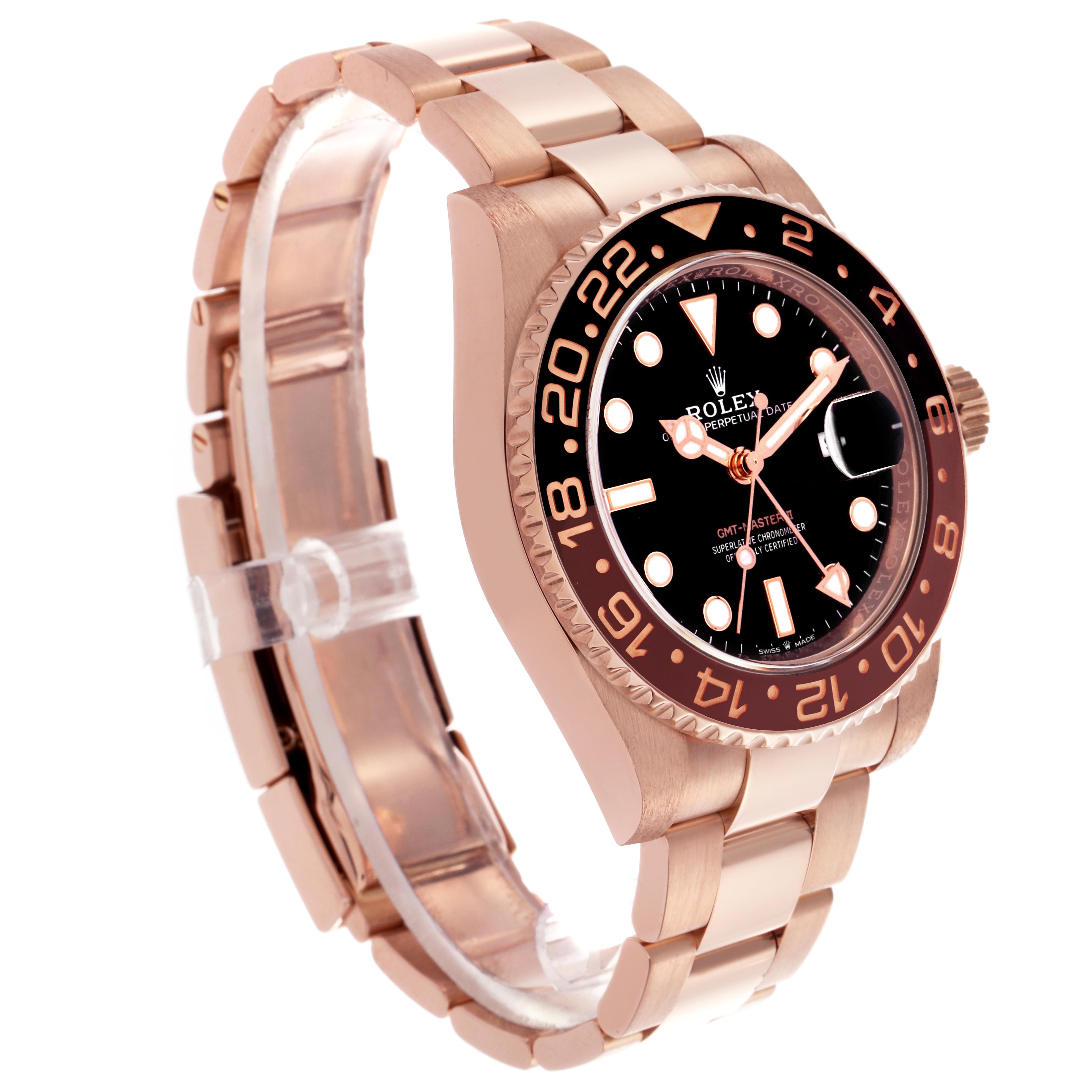 The Rolex GMT-Master 126715CHNR Men
s Rose Gold Black Dial 126715CHNR Men
s Rose Gold Black Dial watch is shown from an angled side view, highlighting the bezel, dial, and part of the bracelet.