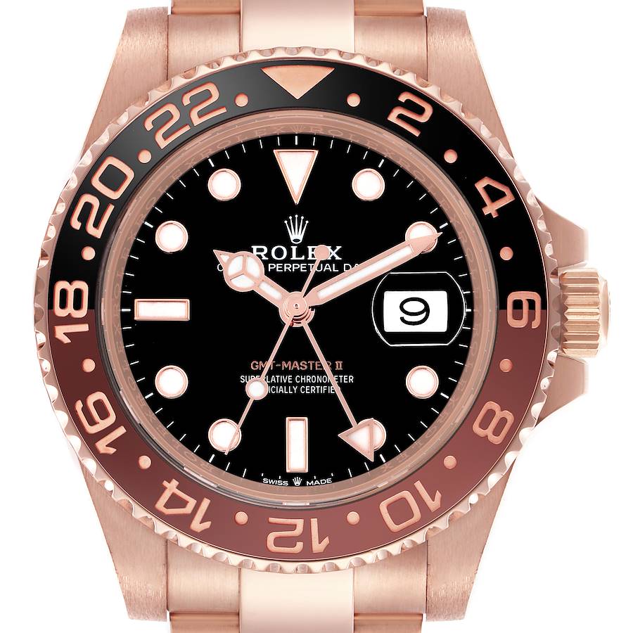 The image shows a front view of the Rolex GMT-Master II, highlighting its bezel, dial, hands, and date display.