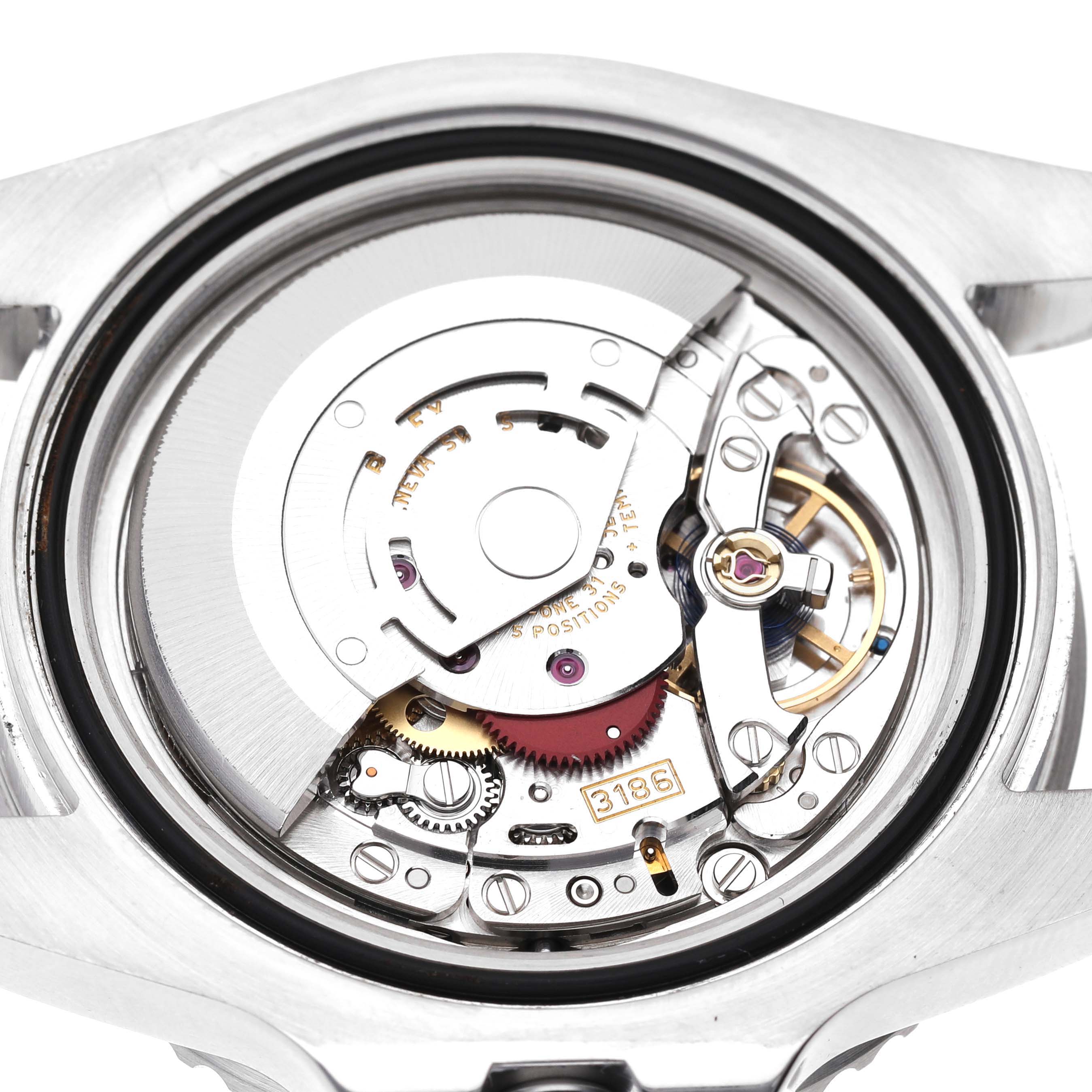 This image shows the back view of a Rolex GMT-Master 116710 Men's Stainless Steel Black Dial 116710 Men's Stainless Steel Black Dial watch, revealing its intricate internal movement.