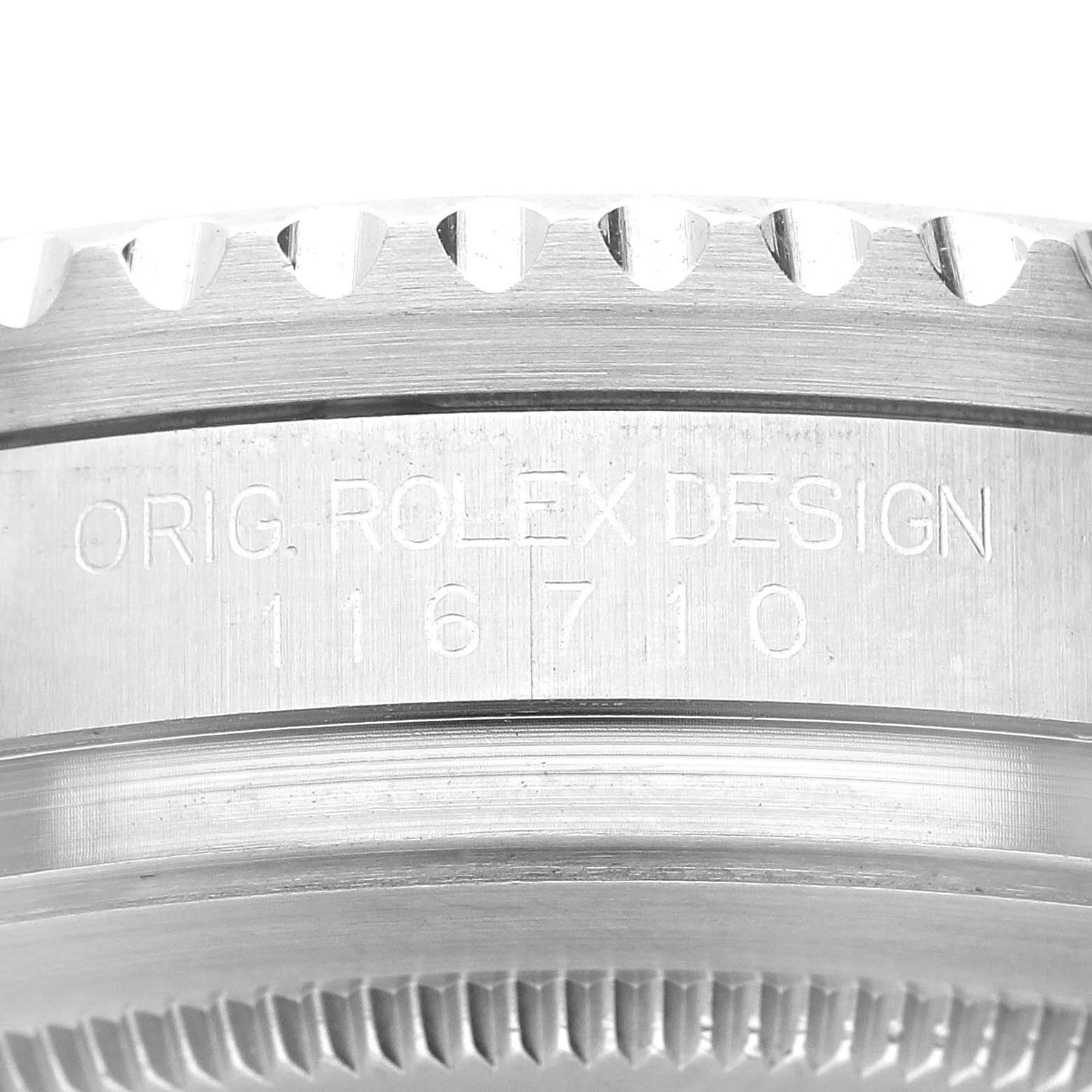 The image displays a close-up of the case side engraving and bezel of a Rolex GMT-Master 116710 Men's Stainless Steel Black Dial 116710 Men's Stainless Steel Black Dial model with the reference number 116710.