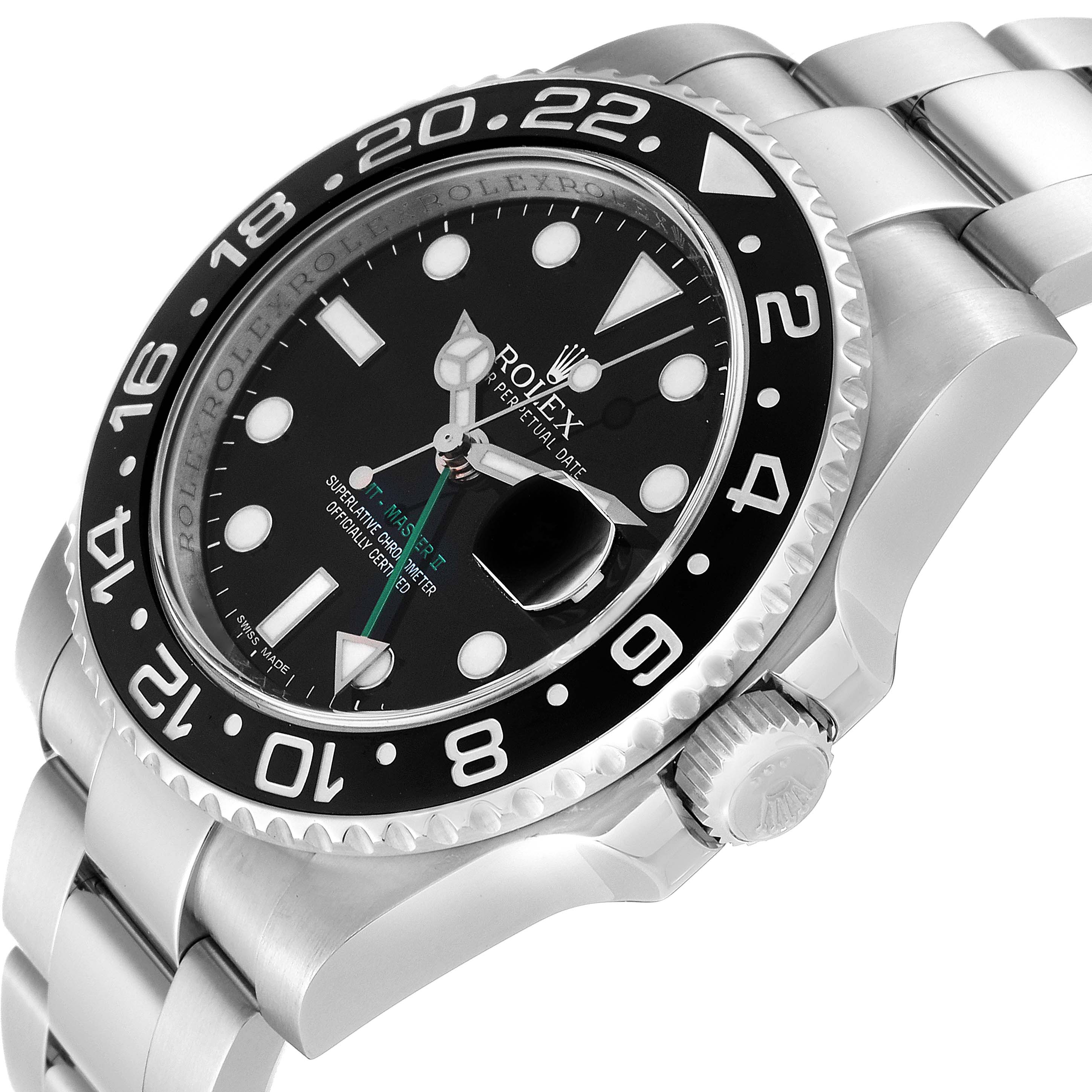 The Rolex GMT-Master 116710 Men's Stainless Steel Black Dial 116710 Men's Stainless Steel Black Dial watch is shown at an angled close-up, displaying the dial, crown, bezel, and part of the bracelet.