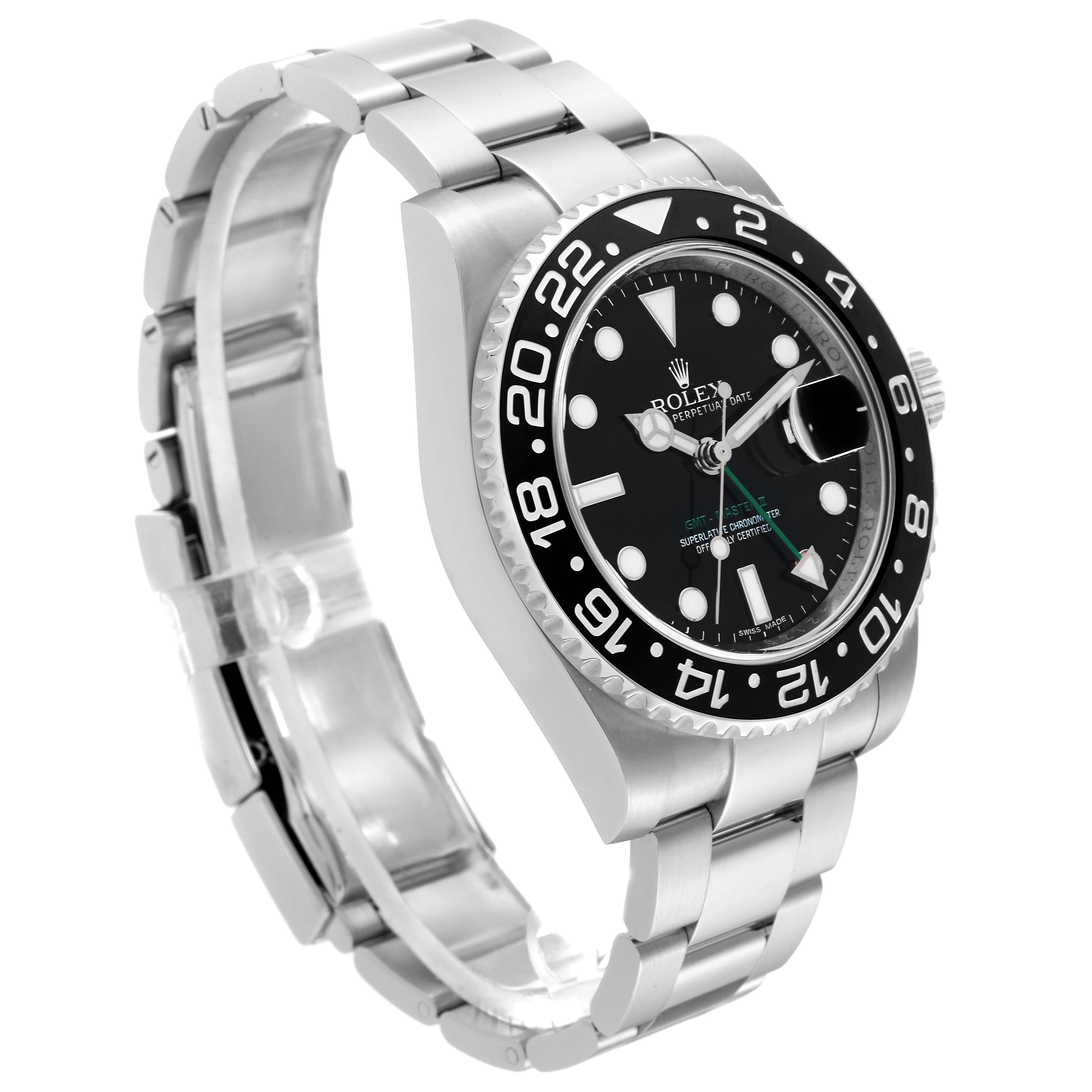 This image shows a side angle of the Rolex GMT-Master 116710 Men's Stainless Steel Black Dial 116710 Men's Stainless Steel Black Dial watch, highlighting its bezel, dial, and bracelet.