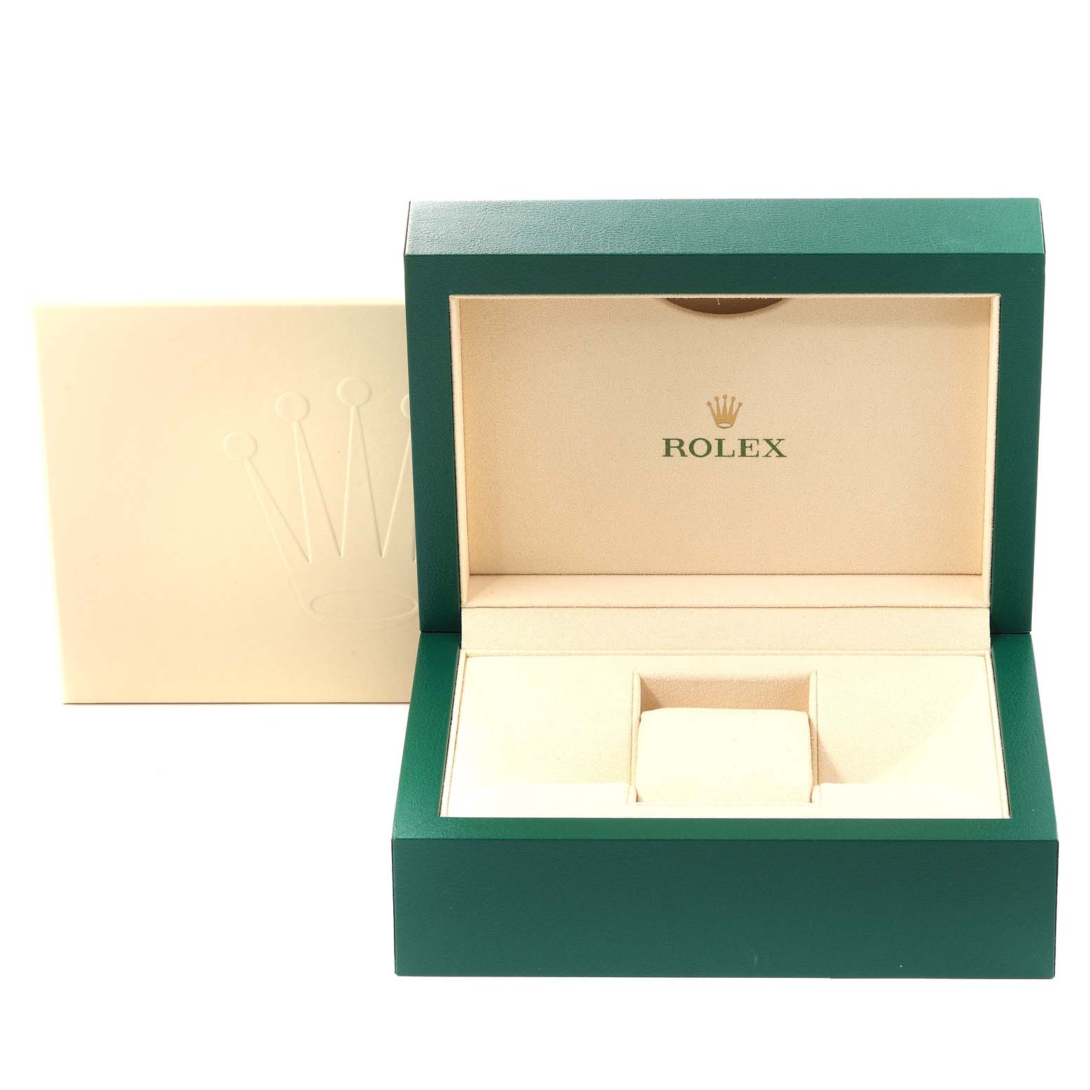 The image shows an opened Rolex GMT-Master 116710 Men's Stainless Steel Black Dial 116710 Men's Stainless Steel Black Dial watch box in green and beige, with the Rolex logo prominently displayed.