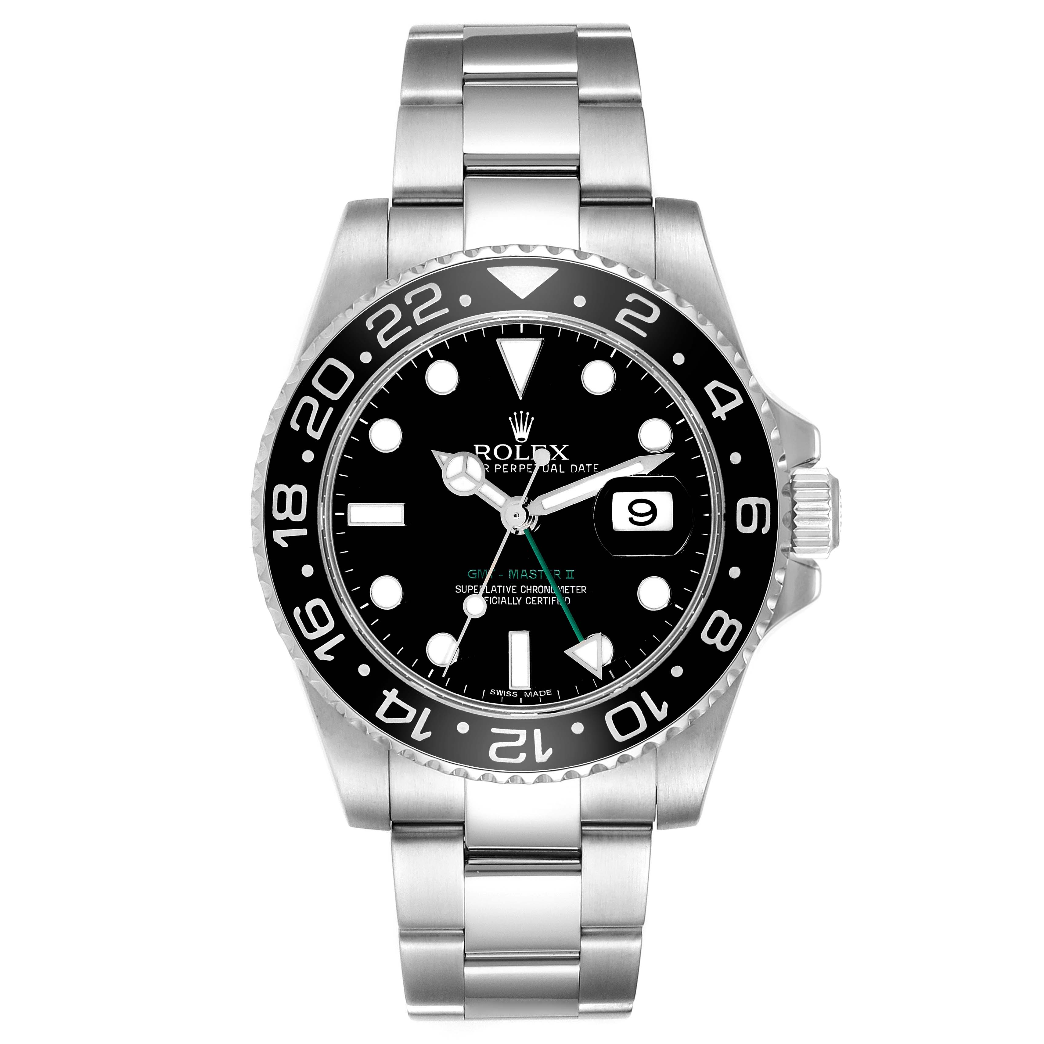 This image shows a front view of the Rolex GMT-Master 116710 Men's Stainless Steel Black Dial 116710 Men's Stainless Steel Black Dial watch, highlighting its bezel, dial, hands, and bracelet.