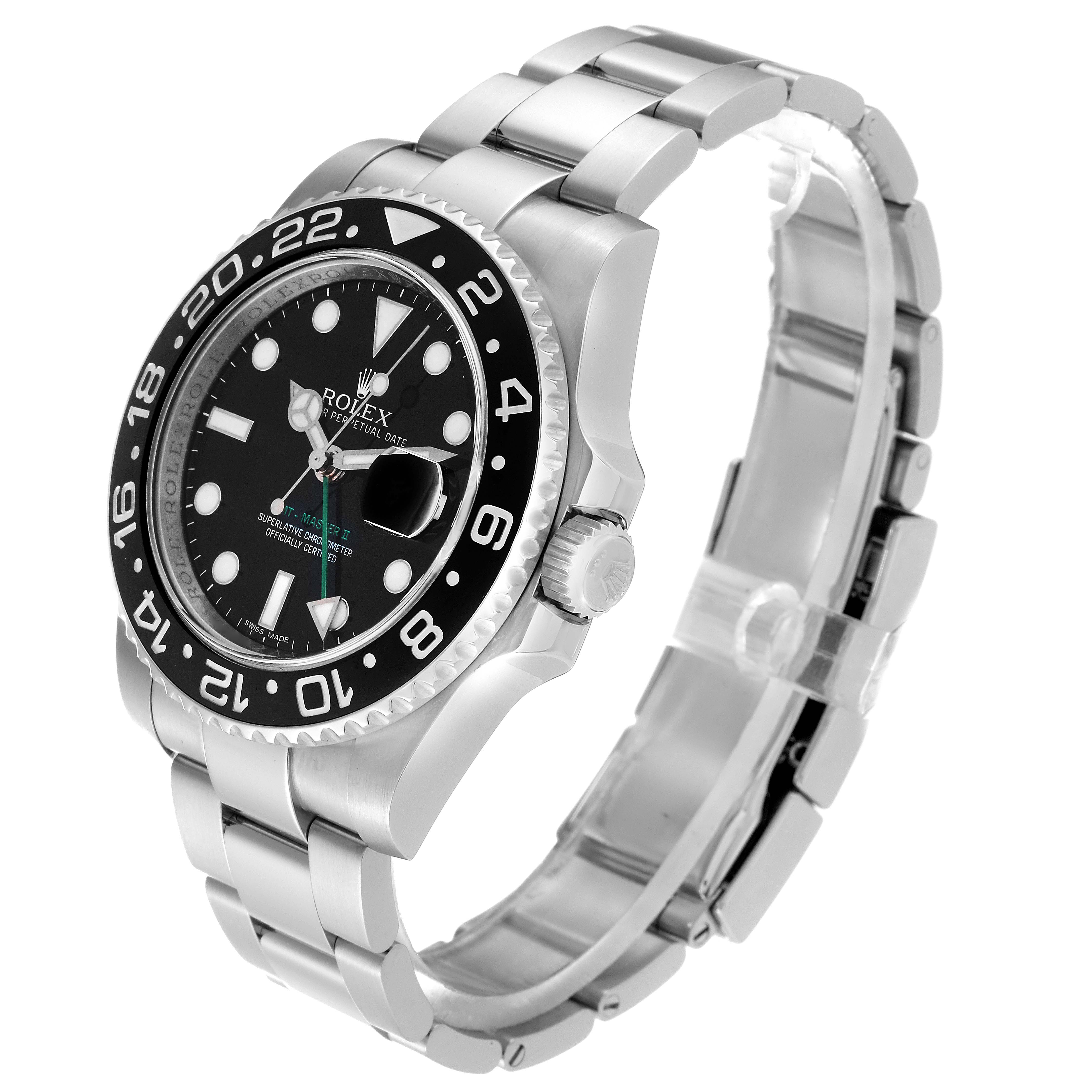 This image shows a side-angle view of a Rolex GMT-Master 116710 Men's Stainless Steel Black Dial 116710 Men's Stainless Steel Black Dial watch, highlighting the bracelet, bezel, and dial.