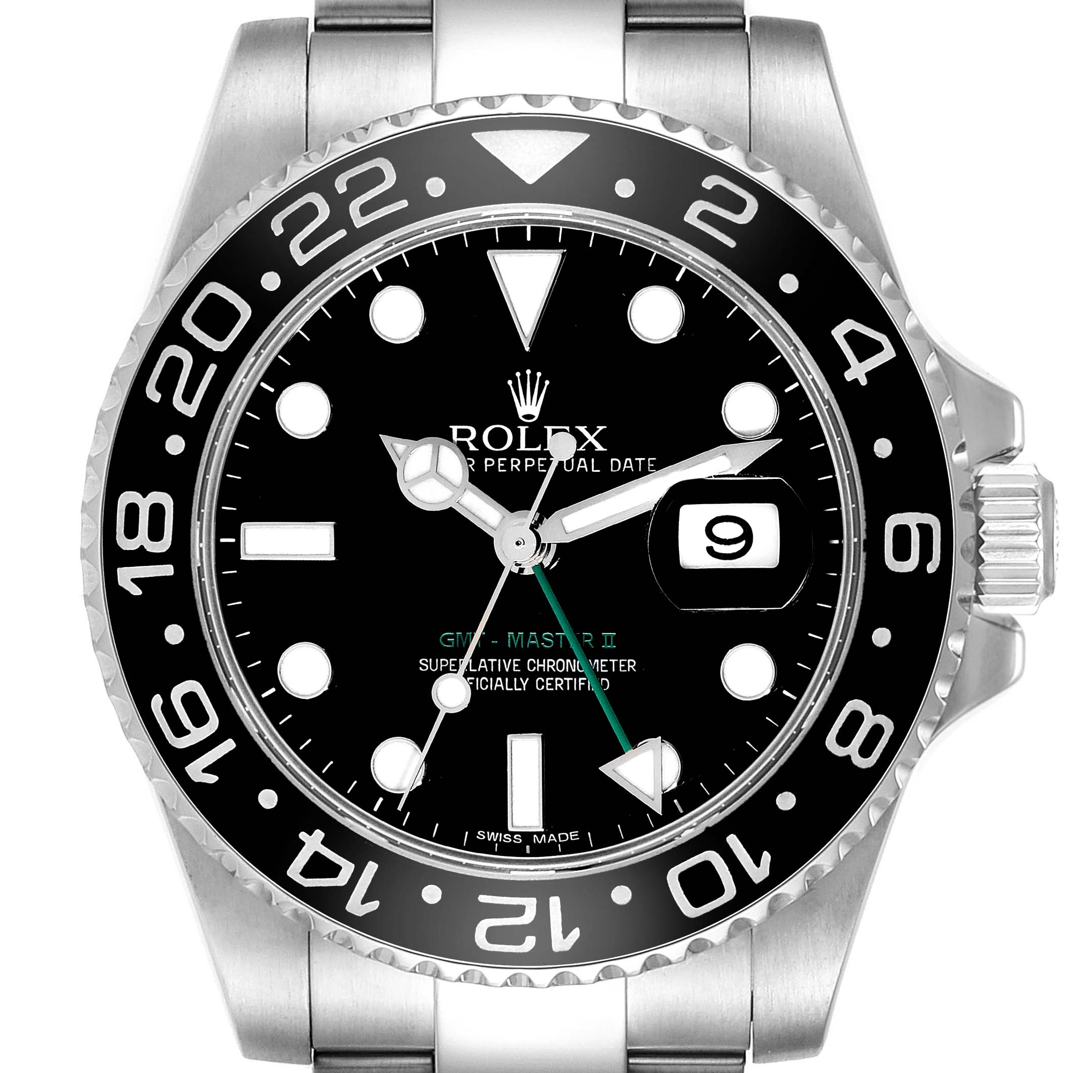 The image shows a close-up, front view of a Rolex GMT-Master 116710 Men's Stainless Steel Black Dial 116710 Men's Stainless Steel Black Dial II watch, featuring the dial, bezel, hands, and date window.