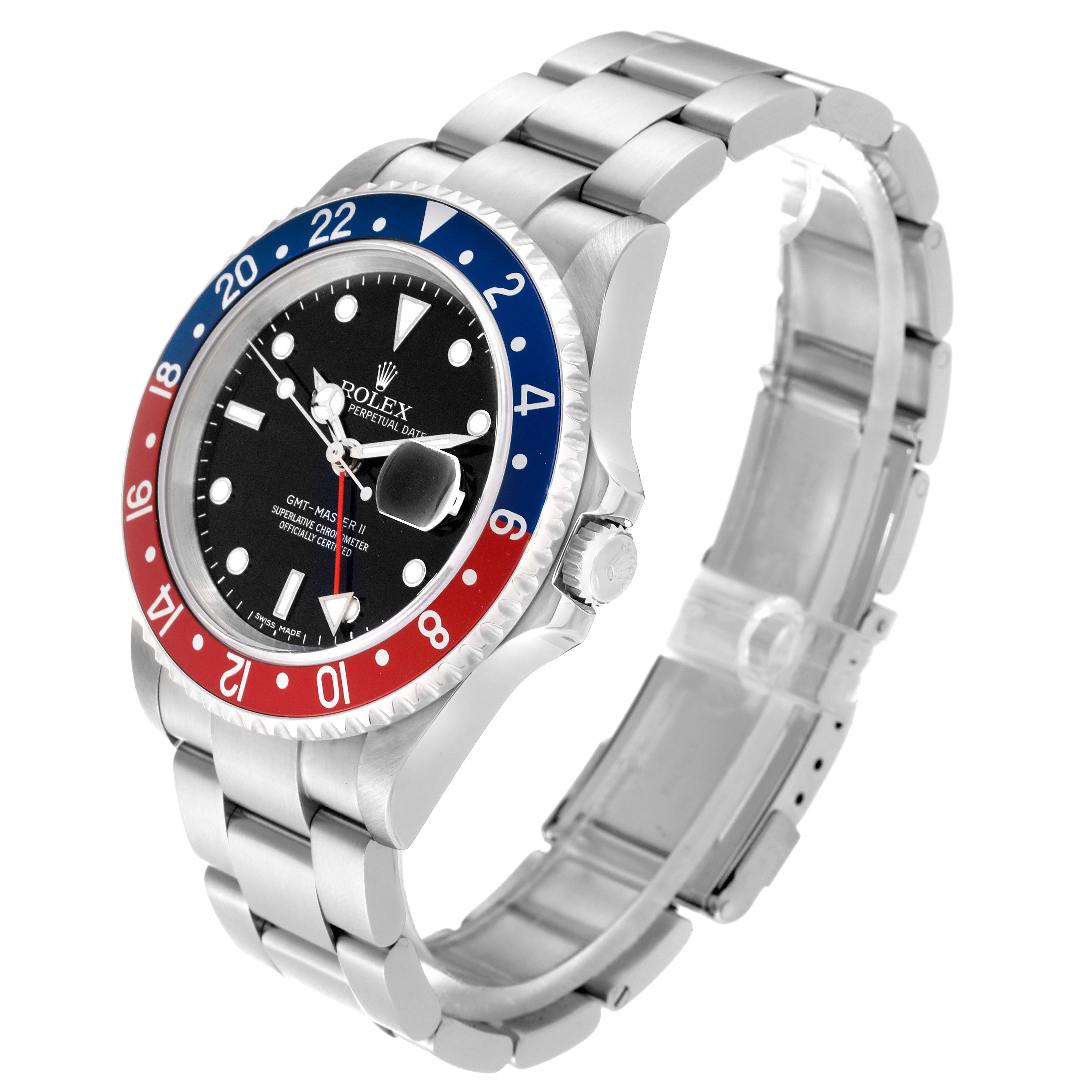 The Rolex GMT-Master 16710 Men's Stainless Steel Black Dial 16710 Men's Stainless Steel Black Dial watch is shown at a slight side angle displaying the face, bezel, case, crown, and metal bracelet.