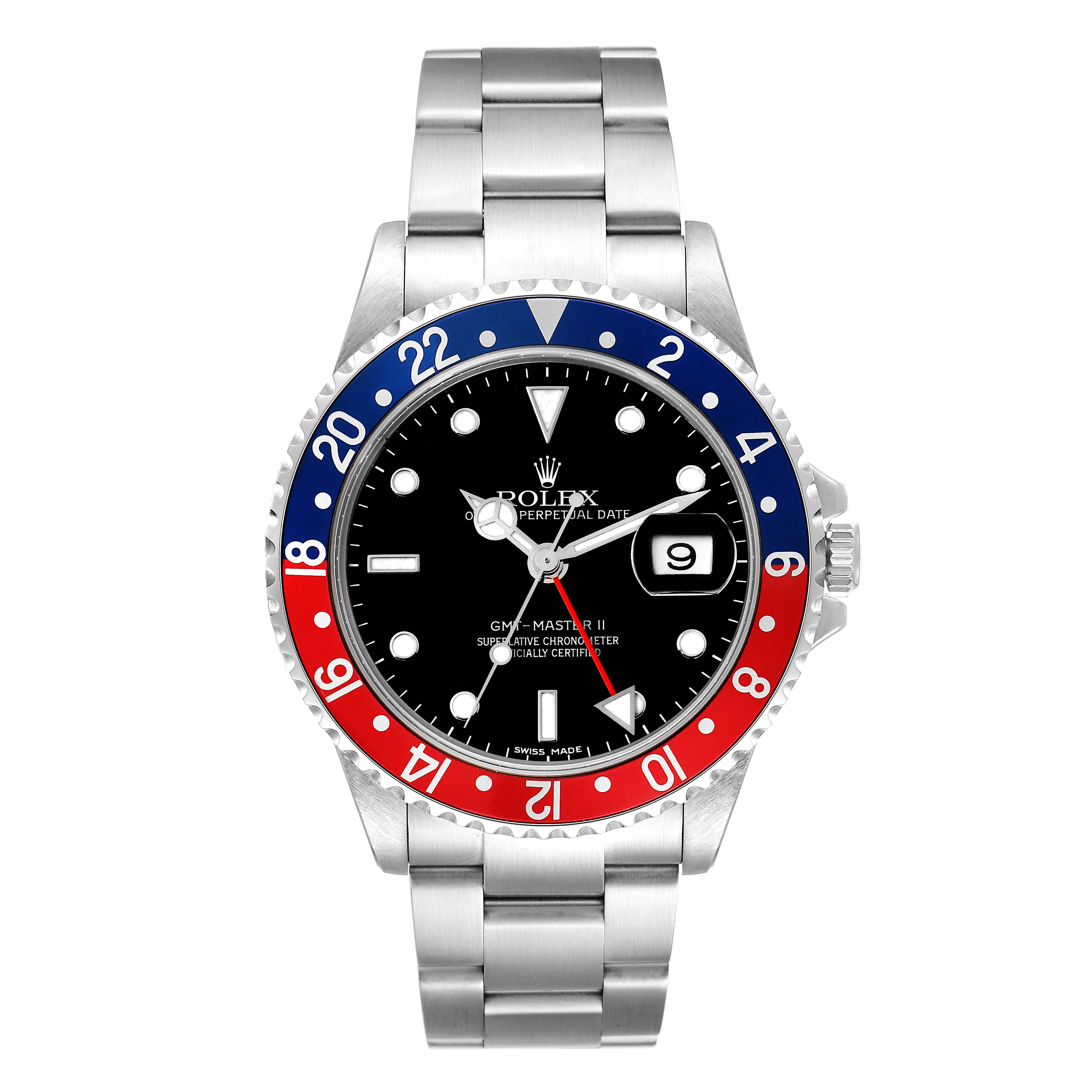 This image shows a frontal view of a Rolex GMT-Master 16710 Men's Stainless Steel Black Dial 16710 Men's Stainless Steel Black Dial II watch, featuring its dial, bezel, and bracelet.