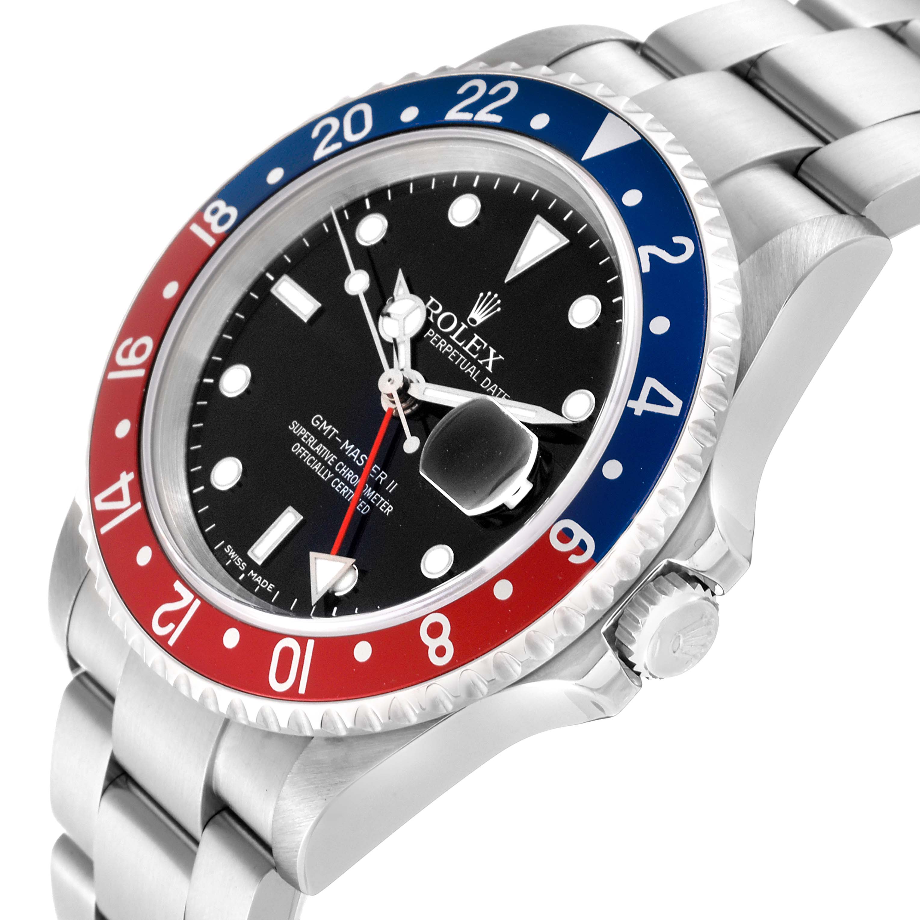 The image shows a side-angle view of a Rolex GMT-Master 16710 Men's Stainless Steel Black Dial 16710 Men's Stainless Steel Black Dial II, highlighting the bezel, crown, and bracelet.