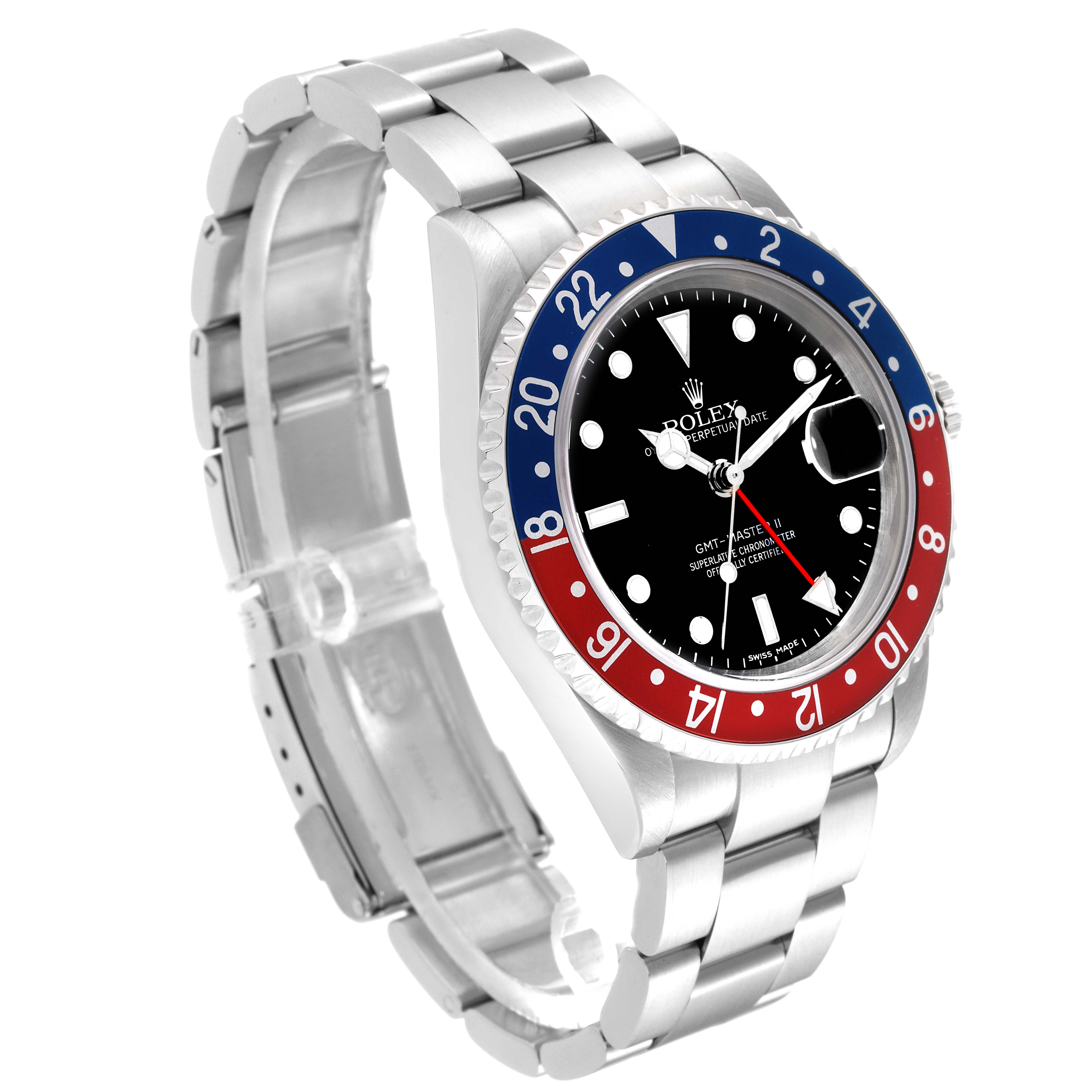 The image shows a Rolex GMT-Master 16710 Men's Stainless Steel Black Dial 16710 Men's Stainless Steel Black Dial watch from a front-side angle, highlighting the bezel, dial, and bracelet.