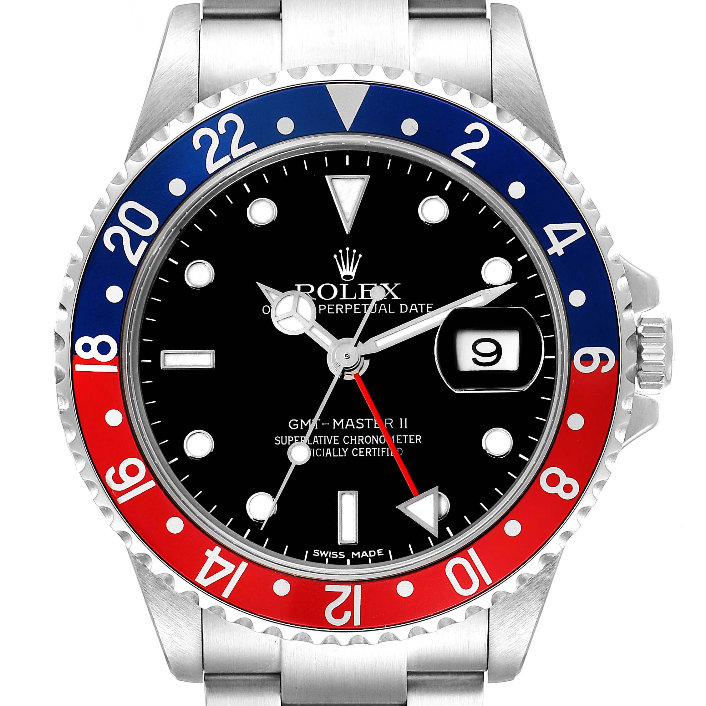 This is a close-up view of the face of the Rolex GMT-Master 16710 Men's Stainless Steel Black Dial 16710 Men's Stainless Steel Black Dial II watch, showcasing the bezel, dial, hands, and date window.