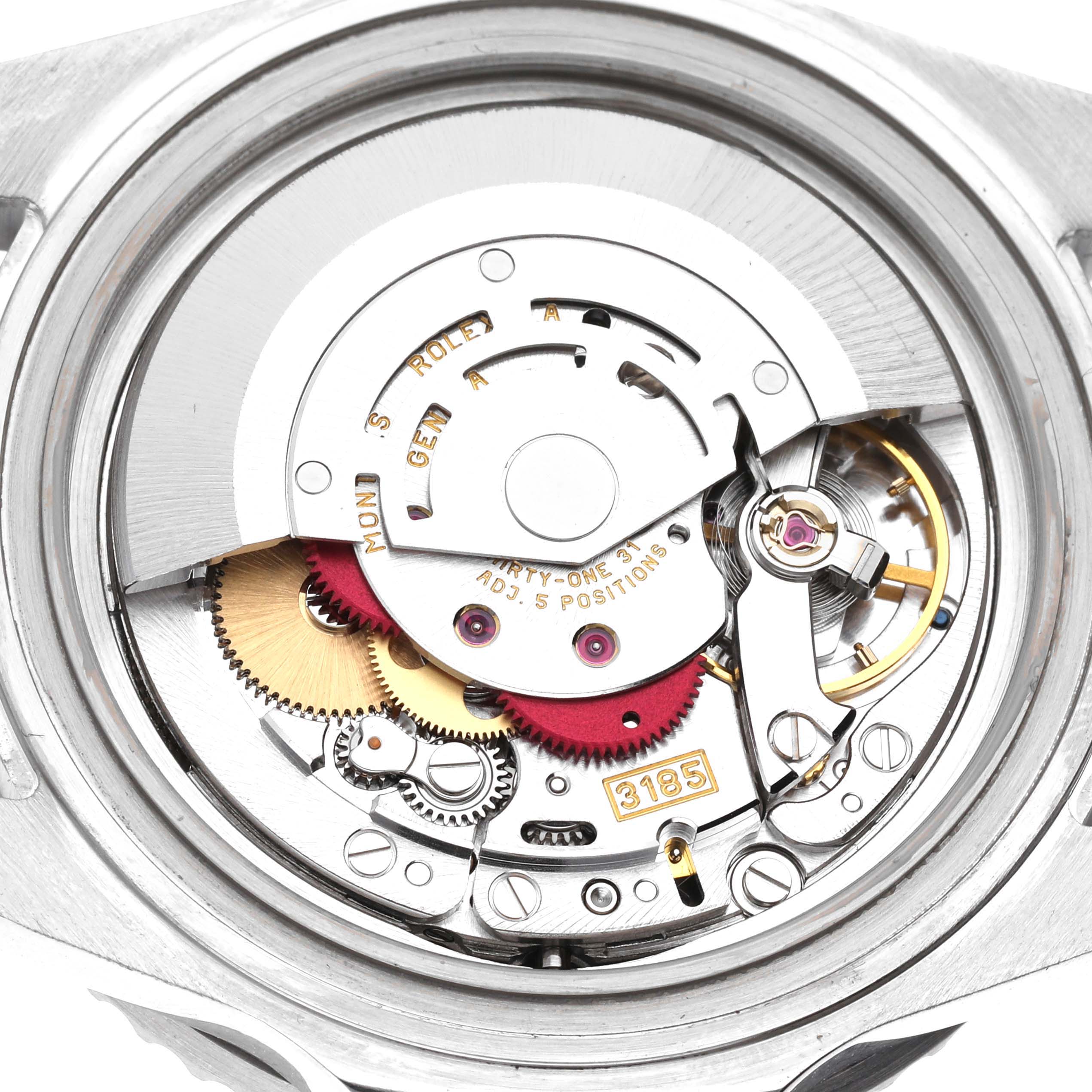 The image shows the internal mechanism of a Rolex GMT-Master 16710 Men
s Stainless Steel Black Dial 16710 Men
s Stainless Steel Black Dial watch from a straight-on angle.