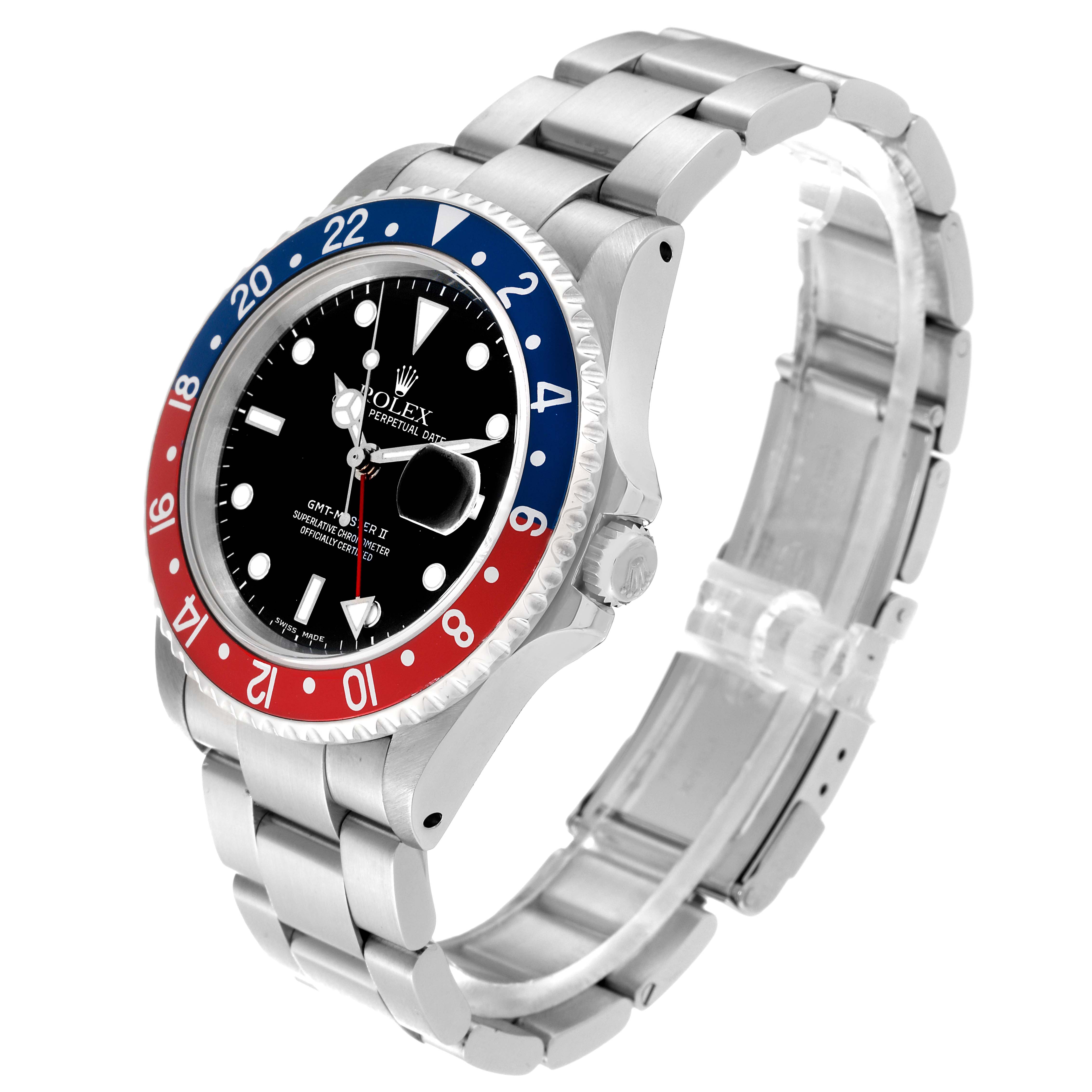 The image shows a Rolex GMT-Master 16710 Men
s Stainless Steel Black Dial 16710 Men
s Stainless Steel Black Dial watch at a three-quarter angle, highlighting its bezel, case, dial, and bracelet.