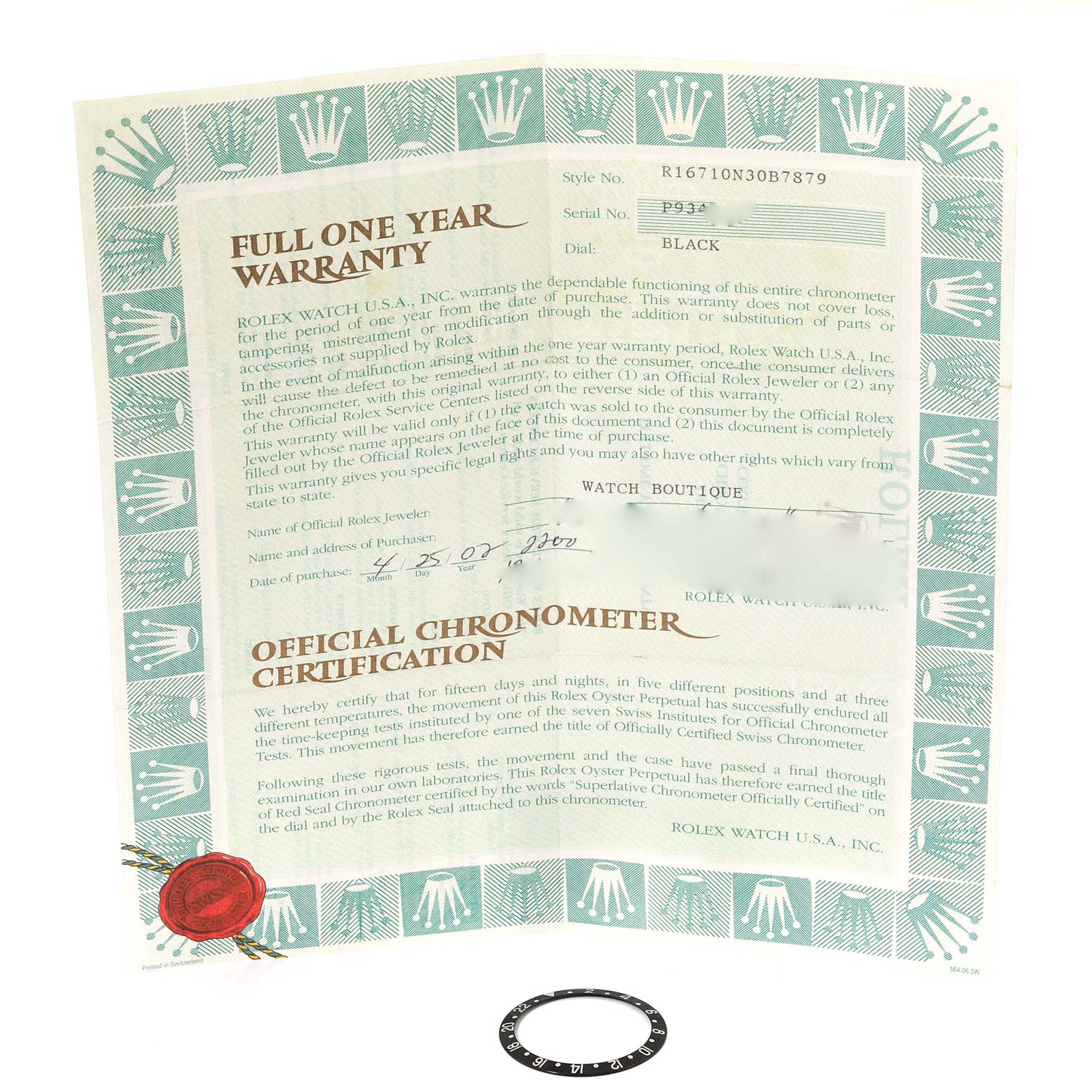 The image shows warranty paperwork and an official chronometer certification for a Rolex GMT-Master 16710 Men
s Stainless Steel Black Dial 16710 Men
s Stainless Steel Black Dial, along with a watch bezel.