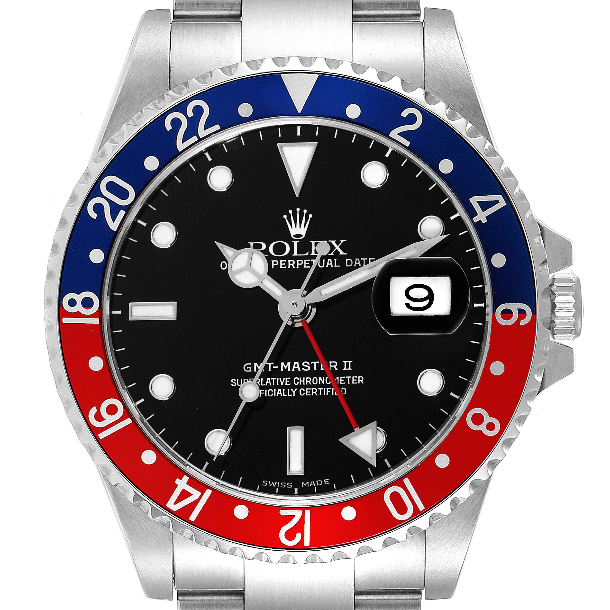 This image shows a frontal view of a Rolex GMT-Master 16710 Men
s Stainless Steel Black Dial 16710 Men
s Stainless Steel Black Dial II watch, highlighting its bezel, dial, and bracelet.