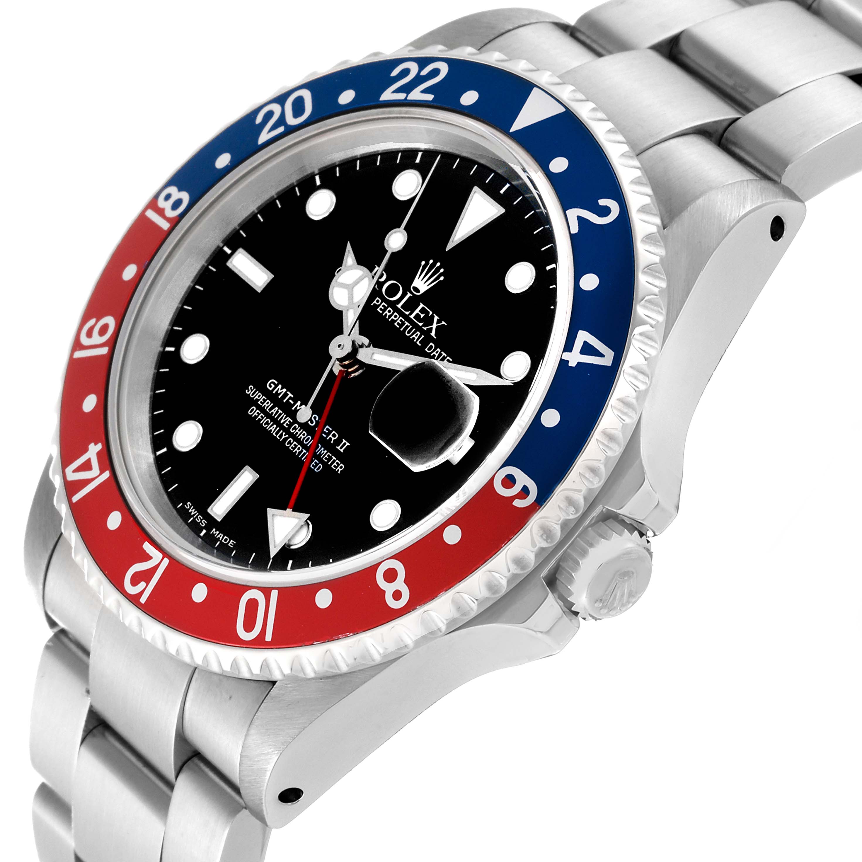 The image shows an angled view of the dial, bezel, crown, and part of the bracelet of a Rolex GMT-Master 16710 Men
s Stainless Steel Black Dial 16710 Men
s Stainless Steel Black Dial watch.