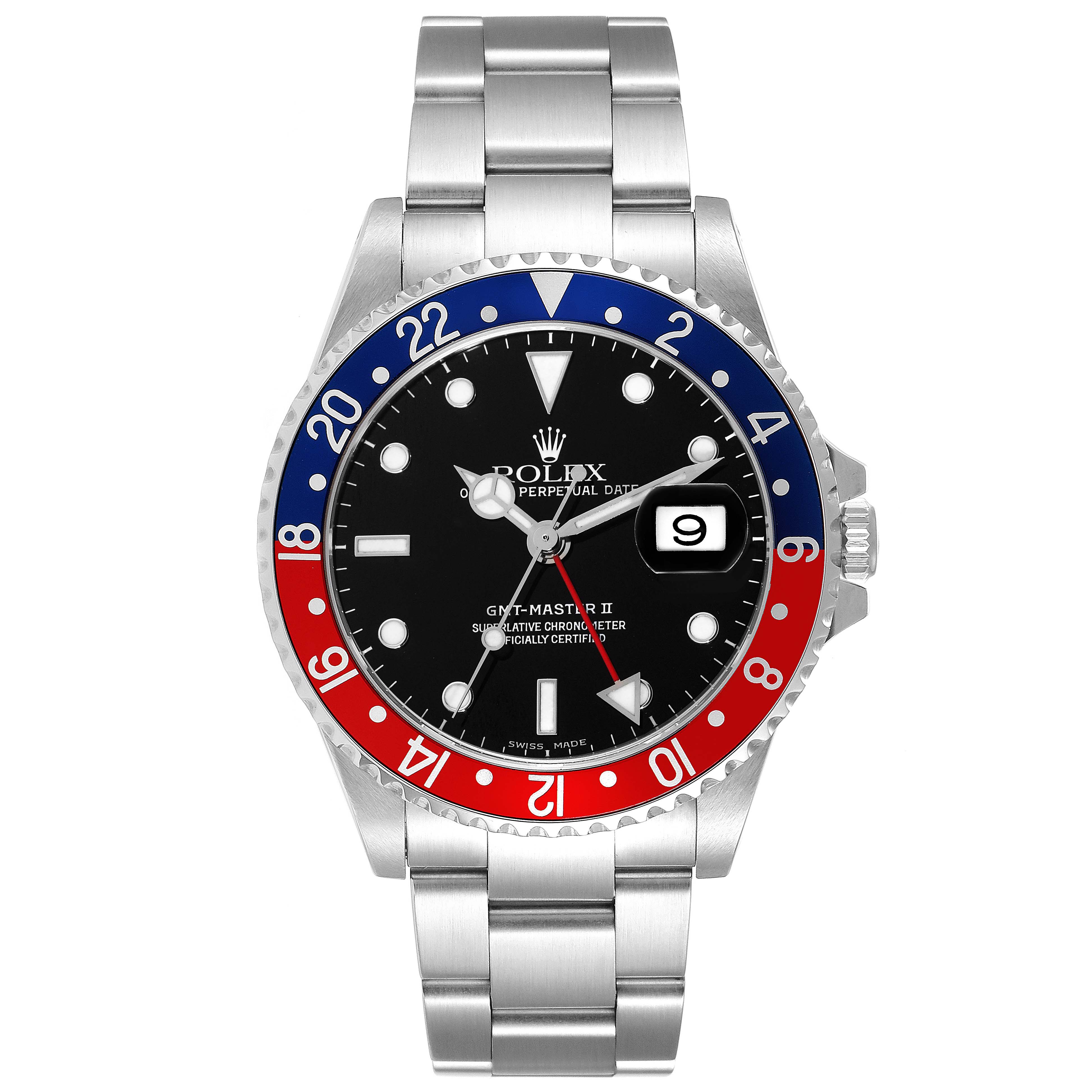 This is a front view of a Rolex GMT-Master 16710 Men
s Stainless Steel Black Dial 16710 Men
s Stainless Steel Black Dial II, showcasing its bezel, dial, hands, date, and bracelet.