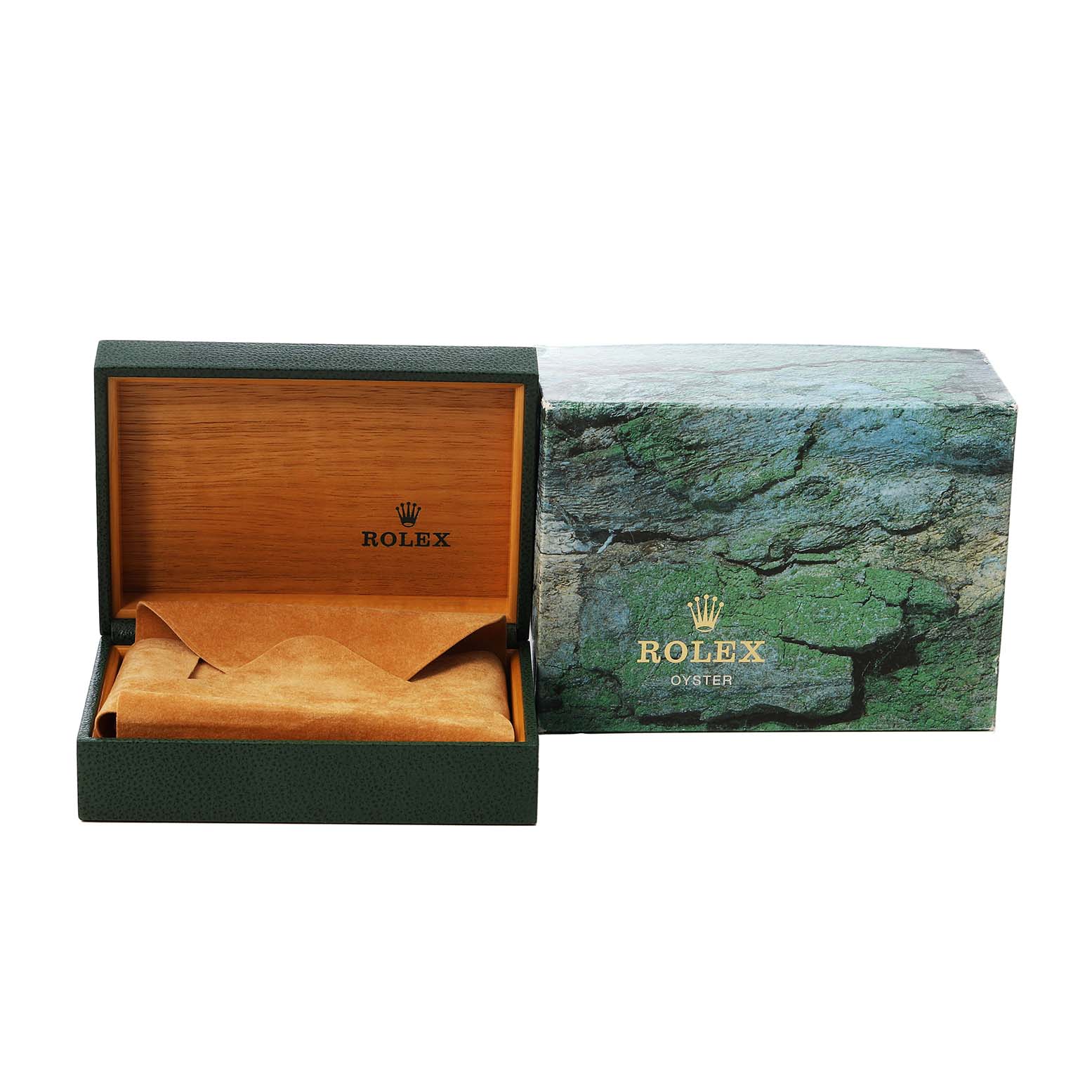 The image shows a Rolex GMT-Master 16700 Men's Stainless Steel Black Dial watch box, open to display the interior and an accompanying outer box.