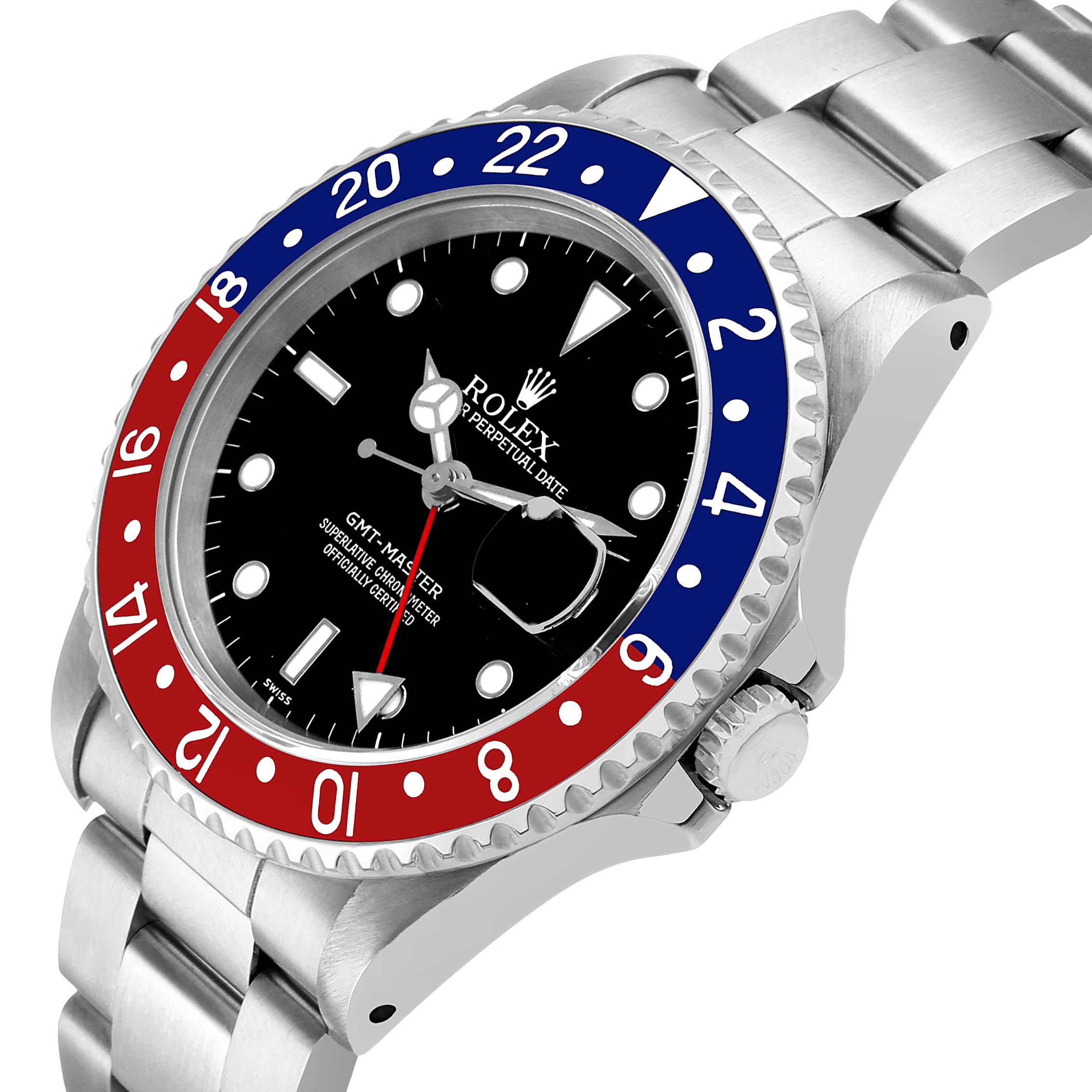 The Rolex GMT-Master 16700 Men's Stainless Steel Black Dial is shown at an angled side view featuring the bezel, dial, crown, and part of the bracelet.