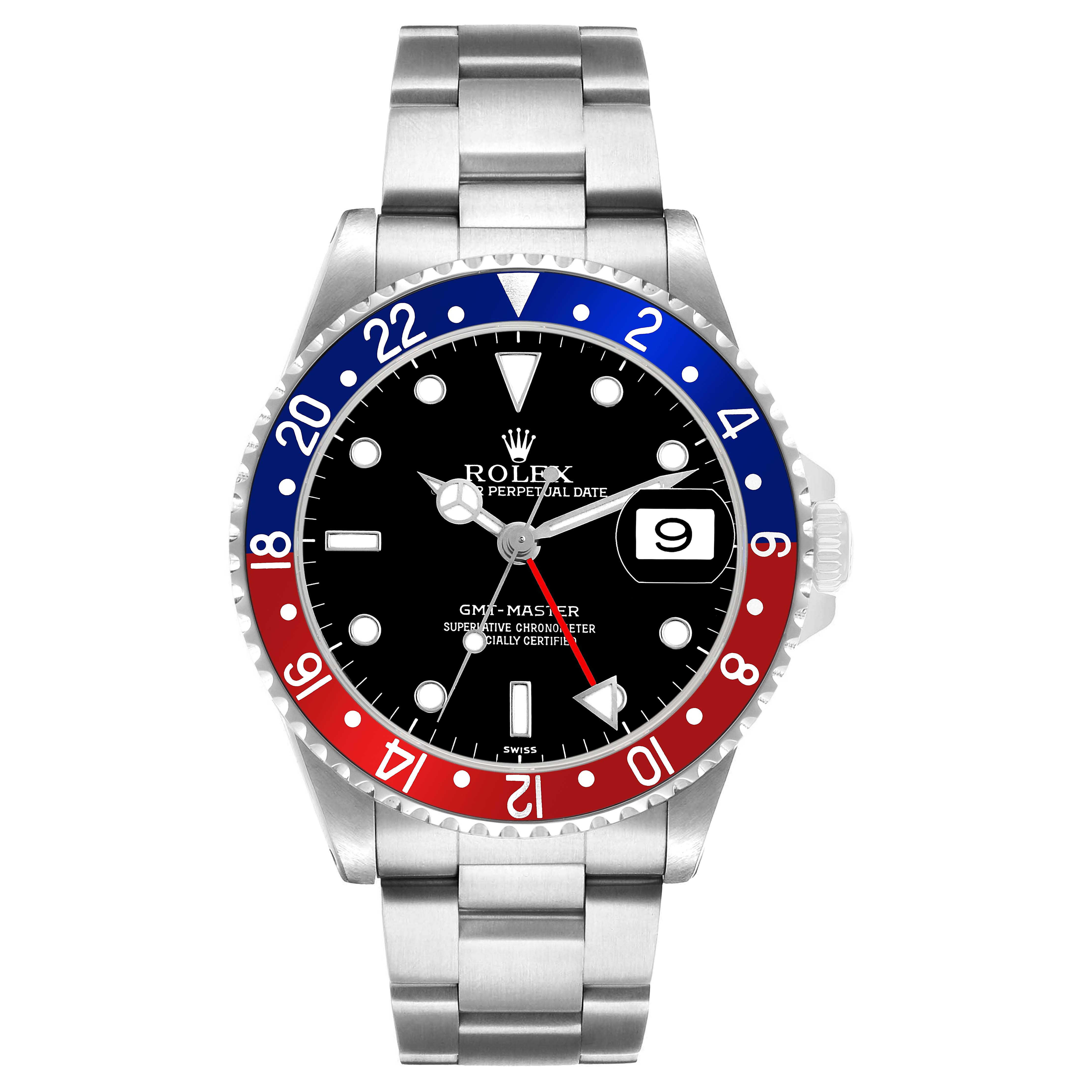 The Rolex GMT-Master 16700 Men's Stainless Steel Black Dial is shown from a front angle, displaying its bezel, dial, hands, and bracelet.