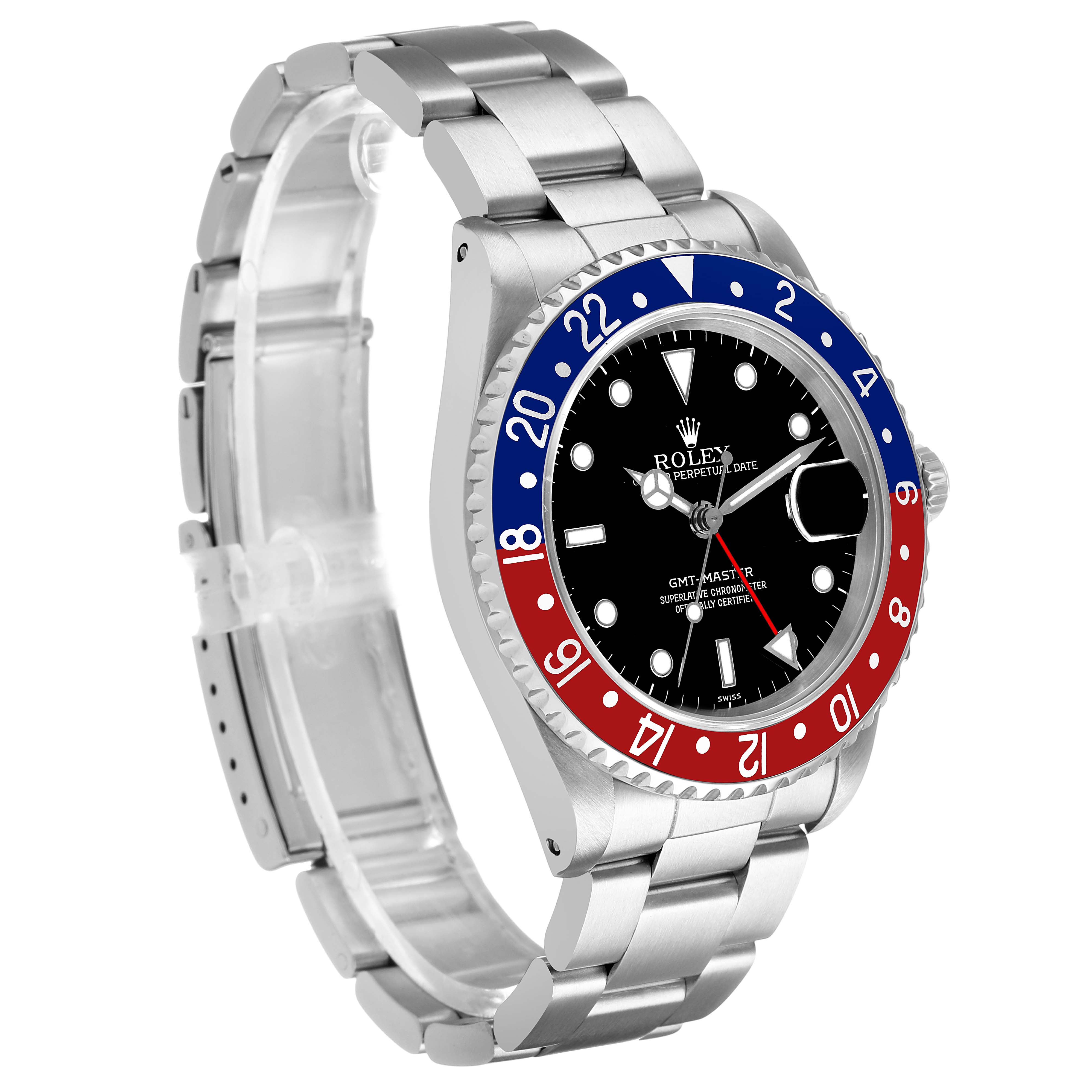 The Rolex GMT-Master 16700 Men's Stainless Steel Black Dial watch is shown at an angled side view, highlighting the bezel, dial, and bracelet.