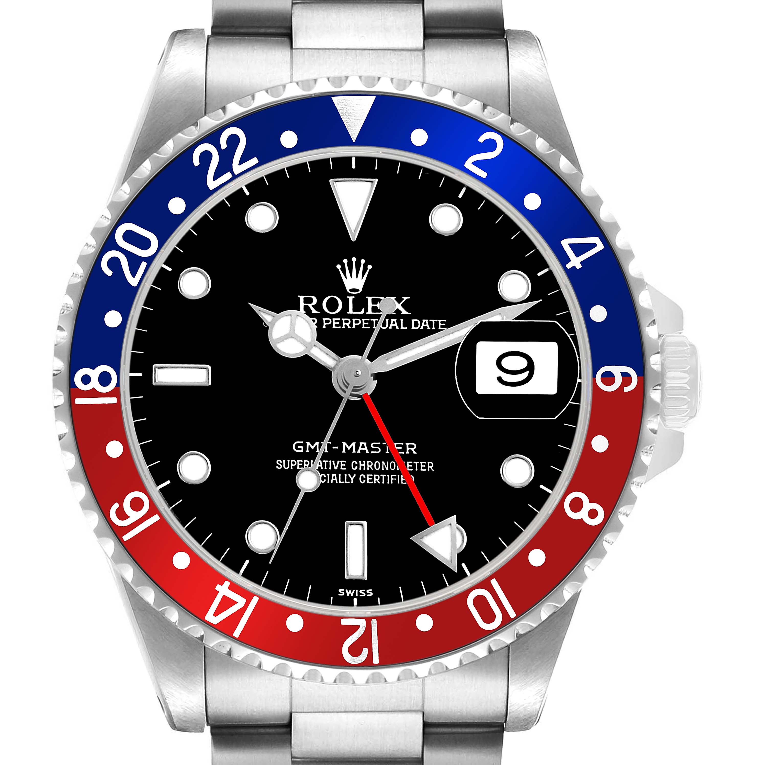 The Rolex GMT-Master 16700 Men's Stainless Steel Black Dial watch is shown from the front, highlighting its black dial, red and blue bezel, and date window.