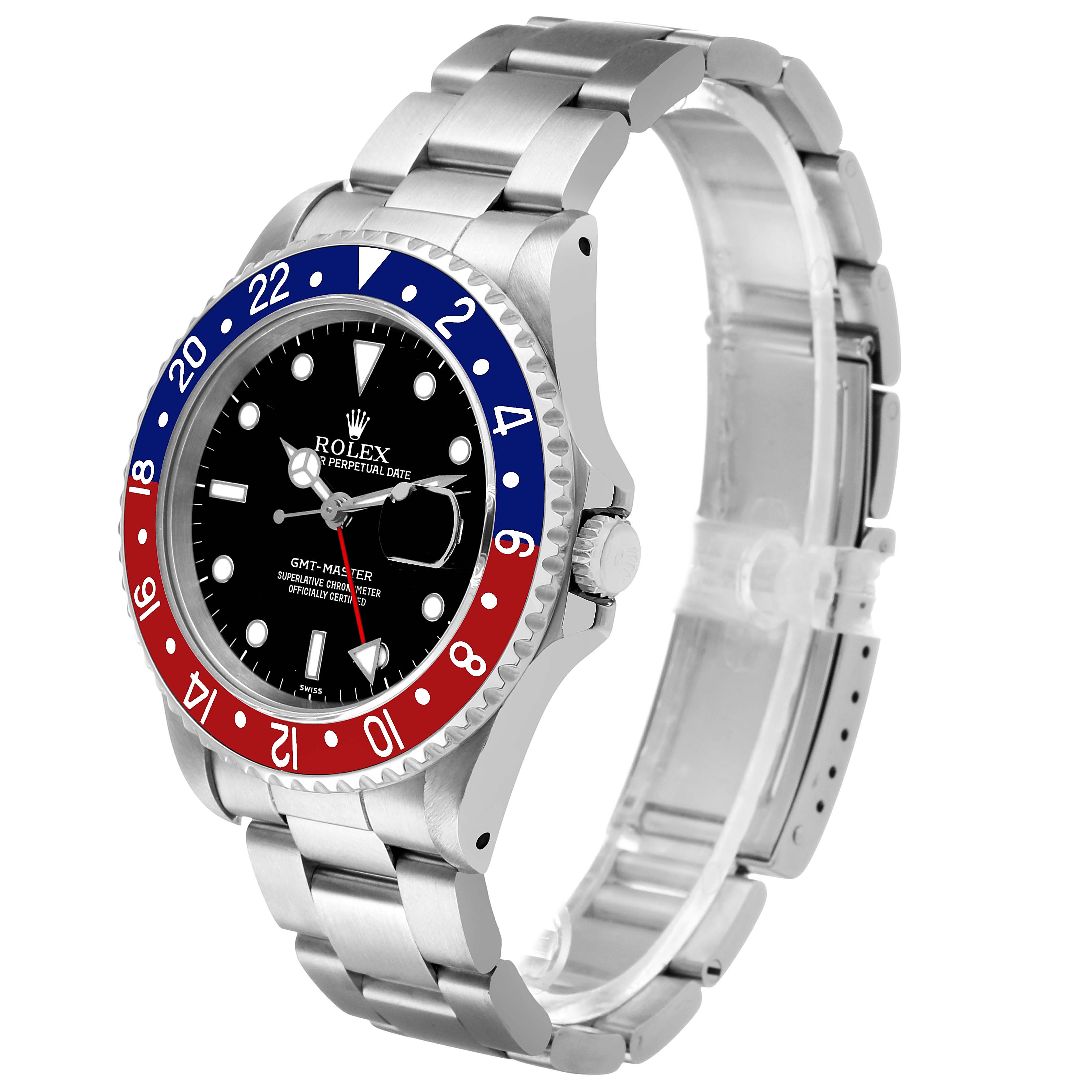 The Rolex GMT-Master 16700 Men's Stainless Steel Black Dial watch is shown at an angle highlighting the bezel, dial, and bracelet.