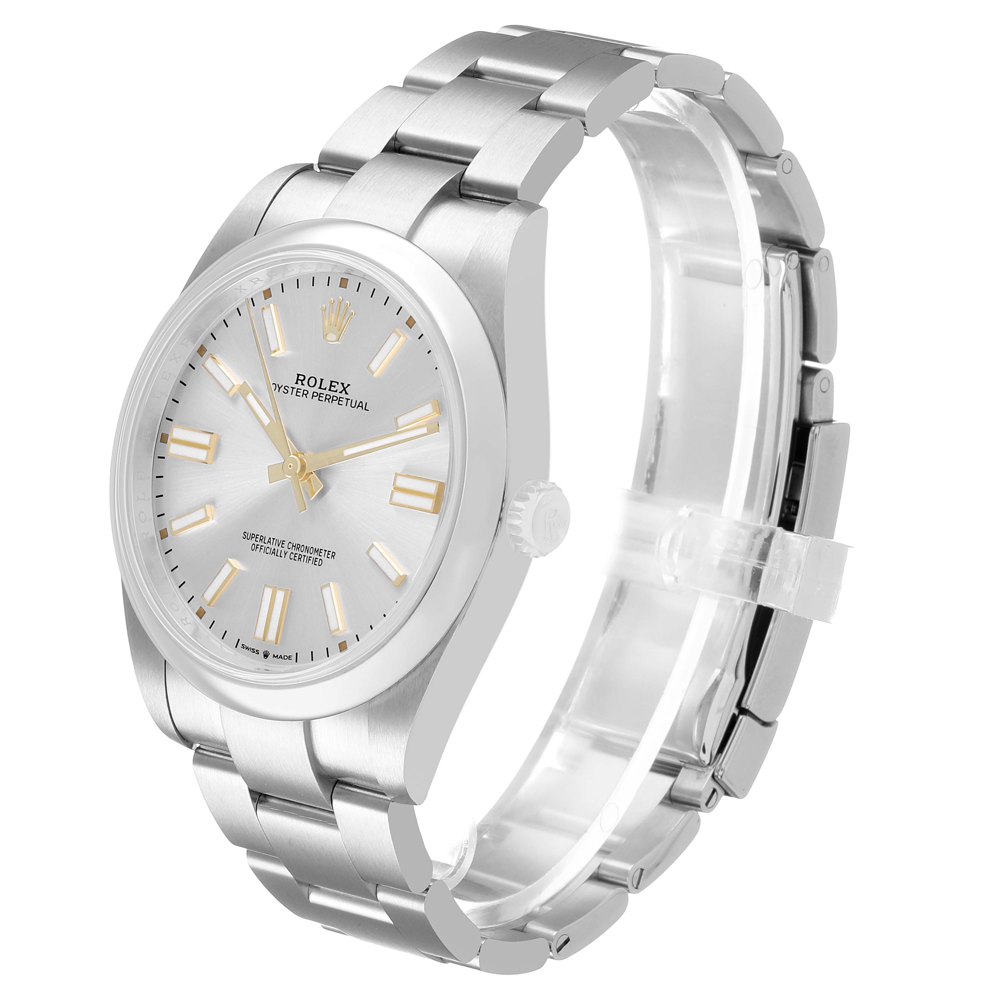 The Rolex Oyster Perpetual 124300 Men's Stainless Steel Silver Dial watch is shown at a three-quarter angle, highlighting the face, bezel, and bracelet.