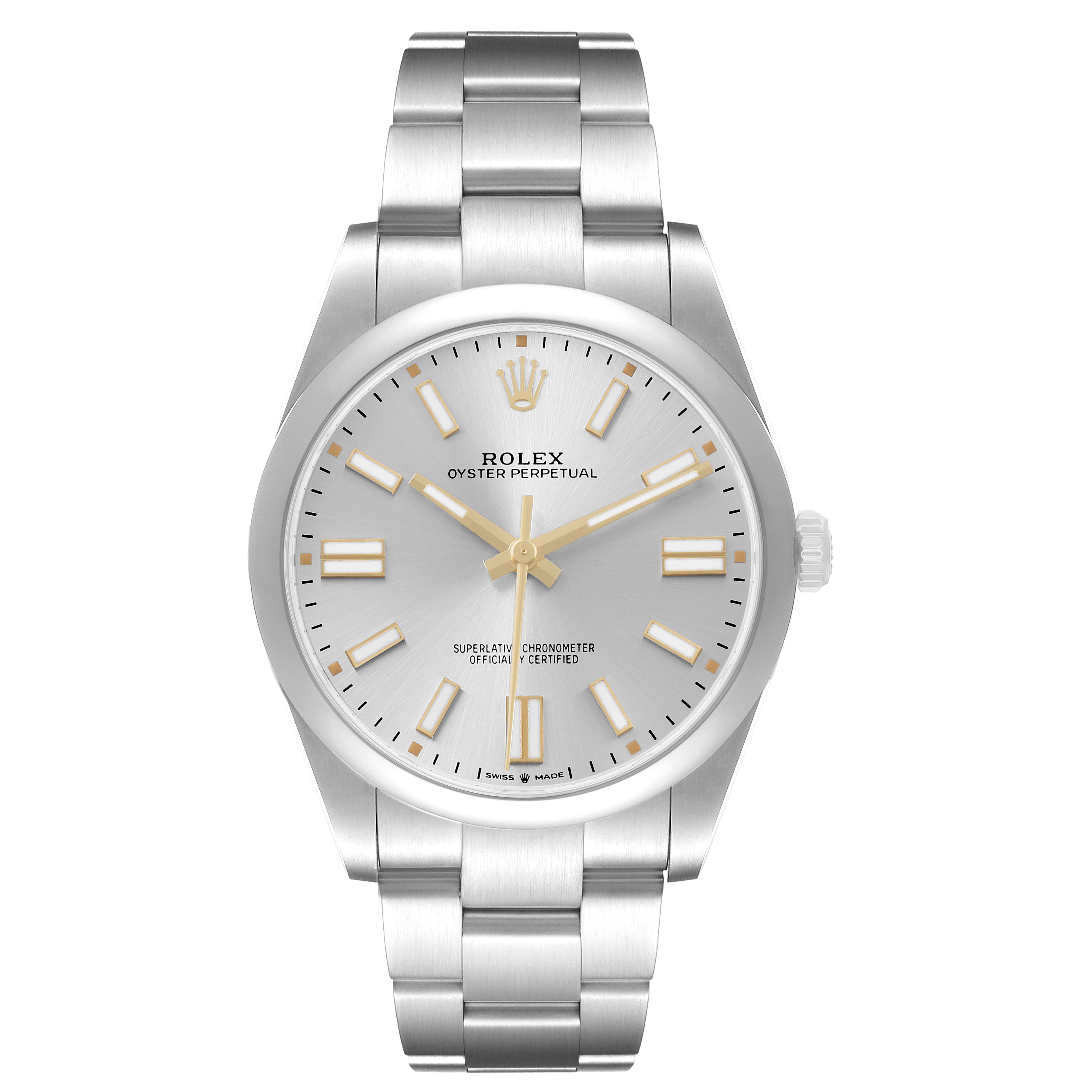 The Rolex Oyster Perpetual 124300 Men's Stainless Steel Silver Dial watch is shown from the front, displaying the dial, hour markers, and bracelet.
