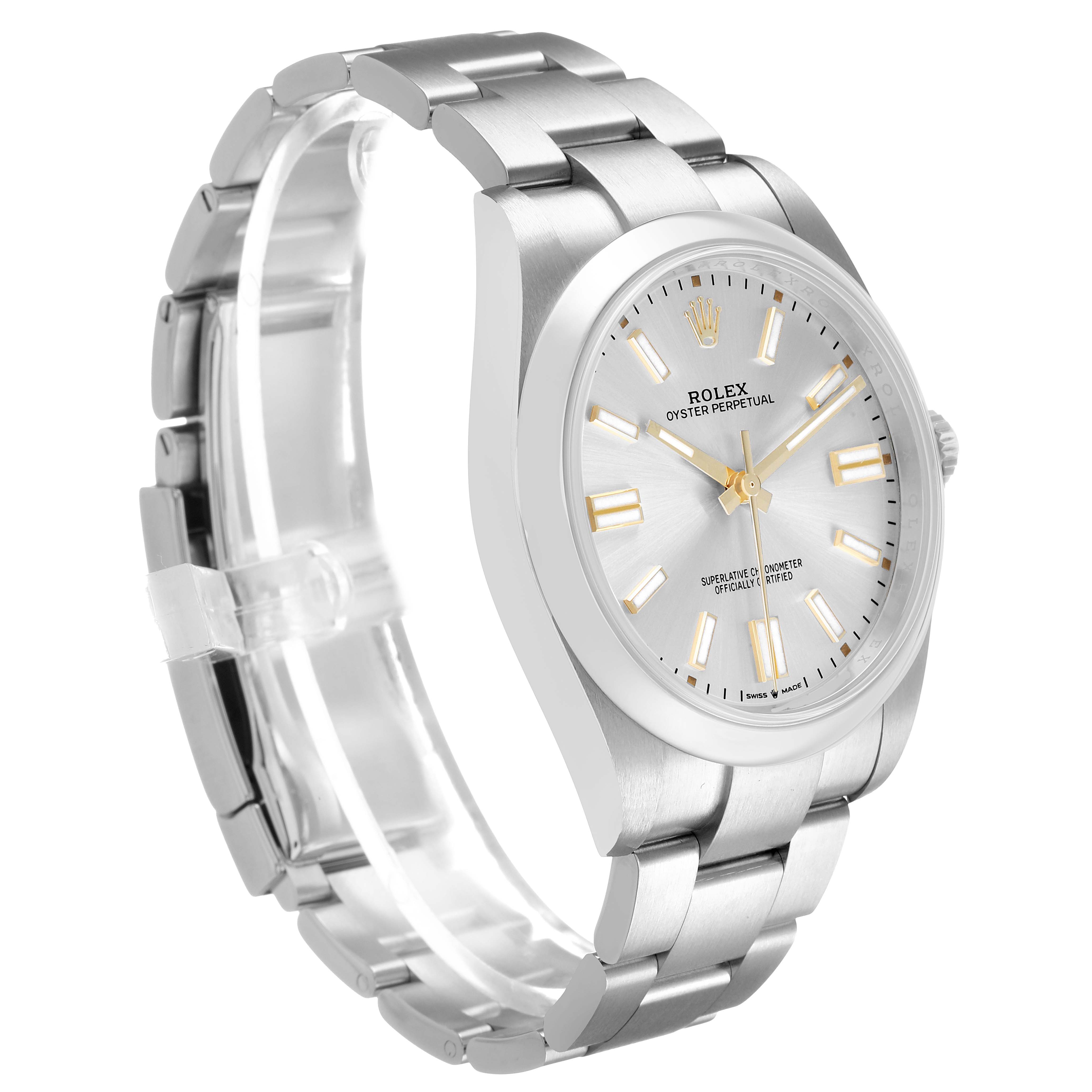 The Rolex Oyster Perpetual 124300 Men's Stainless Steel Silver Dial watch is shown at an angled side view, highlighting the face, case, and bracelet.