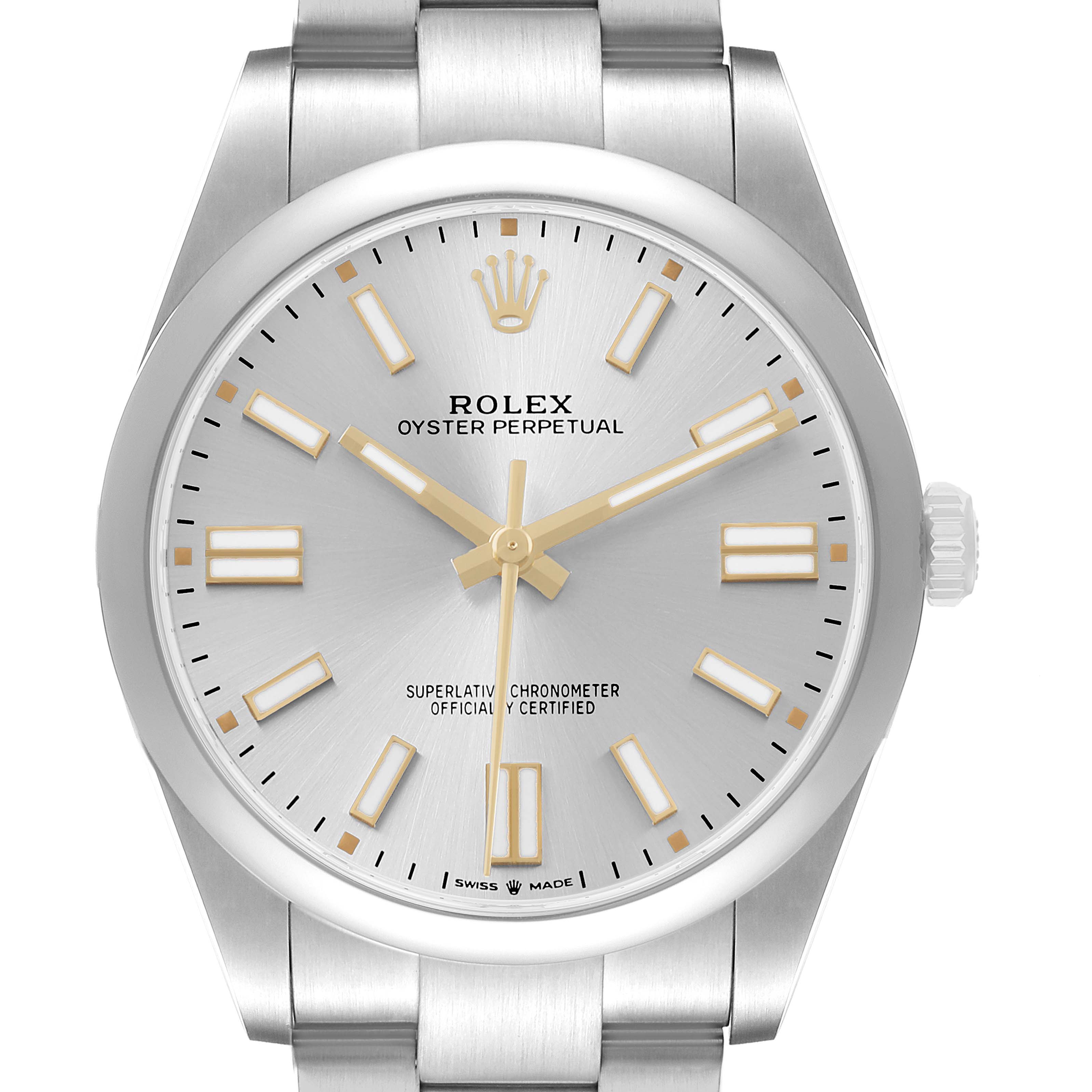 The Rolex Oyster Perpetual 124300 Men's Stainless Steel Silver Dial watch is shown from the front, highlighting its silver dial, gold hands, and hour markers.