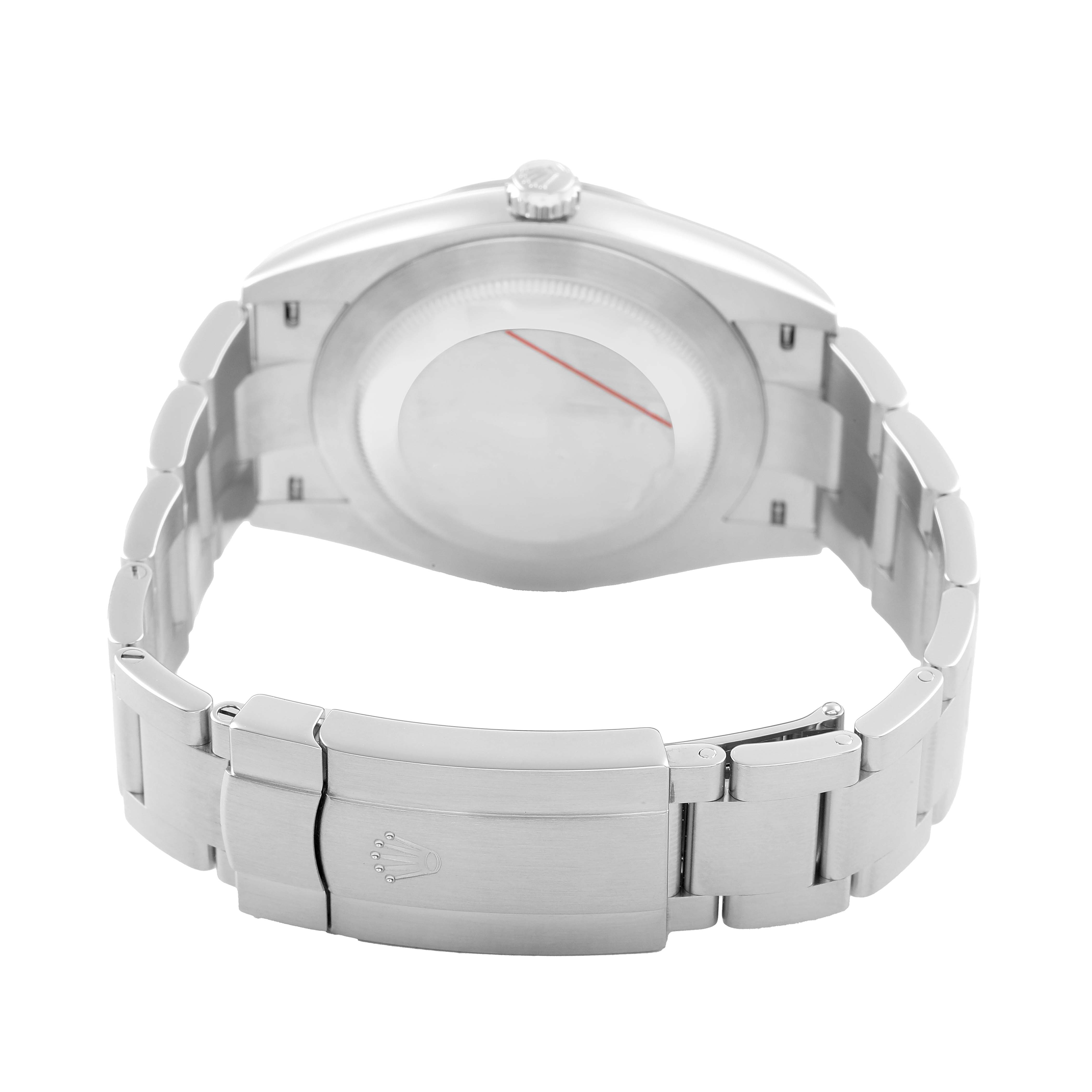 The image shows the back and bracelet of a Rolex Oyster Perpetual 124300 Men's Stainless Steel Silver Dial watch, viewed from an angle to display the clasp and case back.