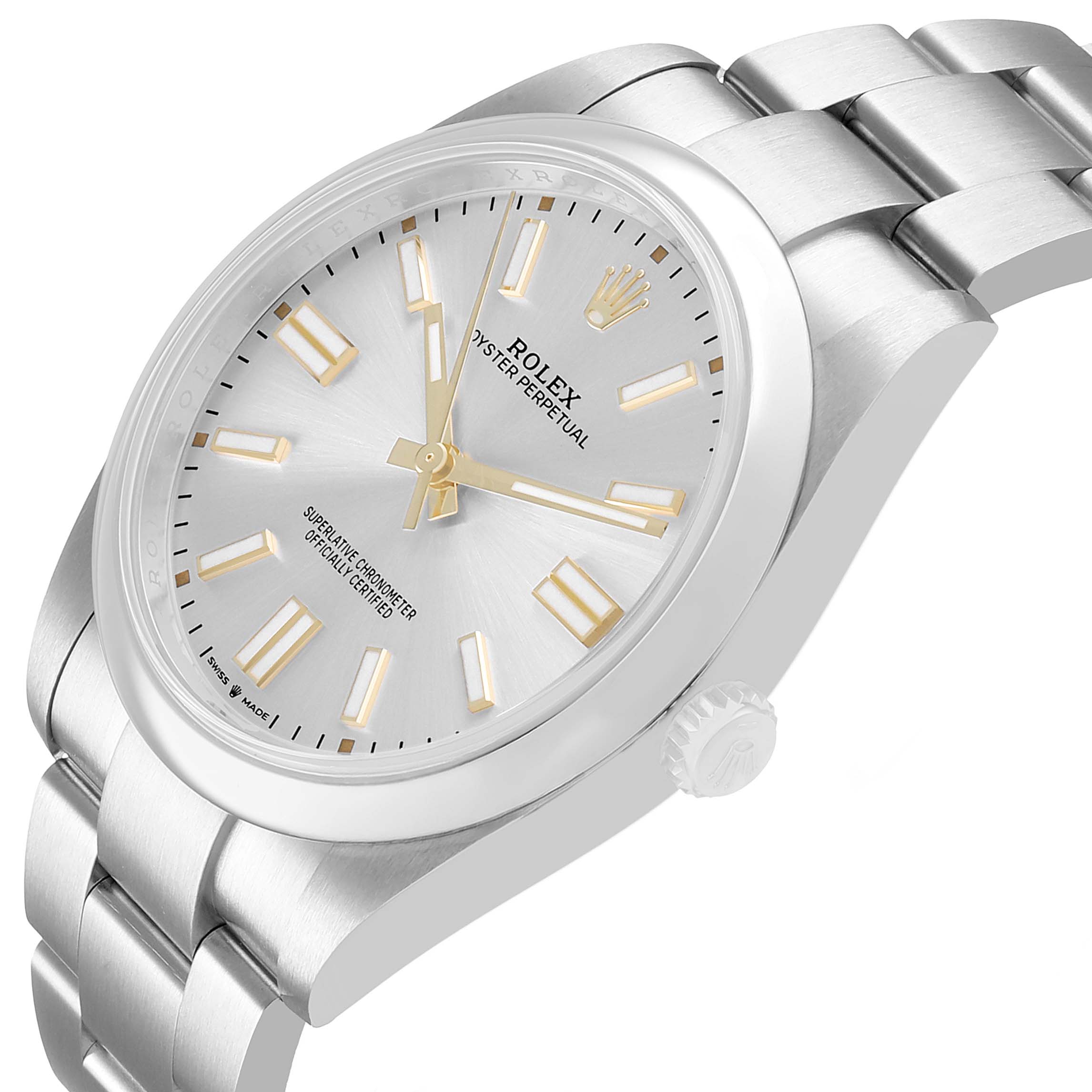 The Rolex Oyster Perpetual 124300 Men's Stainless Steel Silver Dial watch is shown at an angled side view, highlighting the face, bezel, bracelet, and crown.