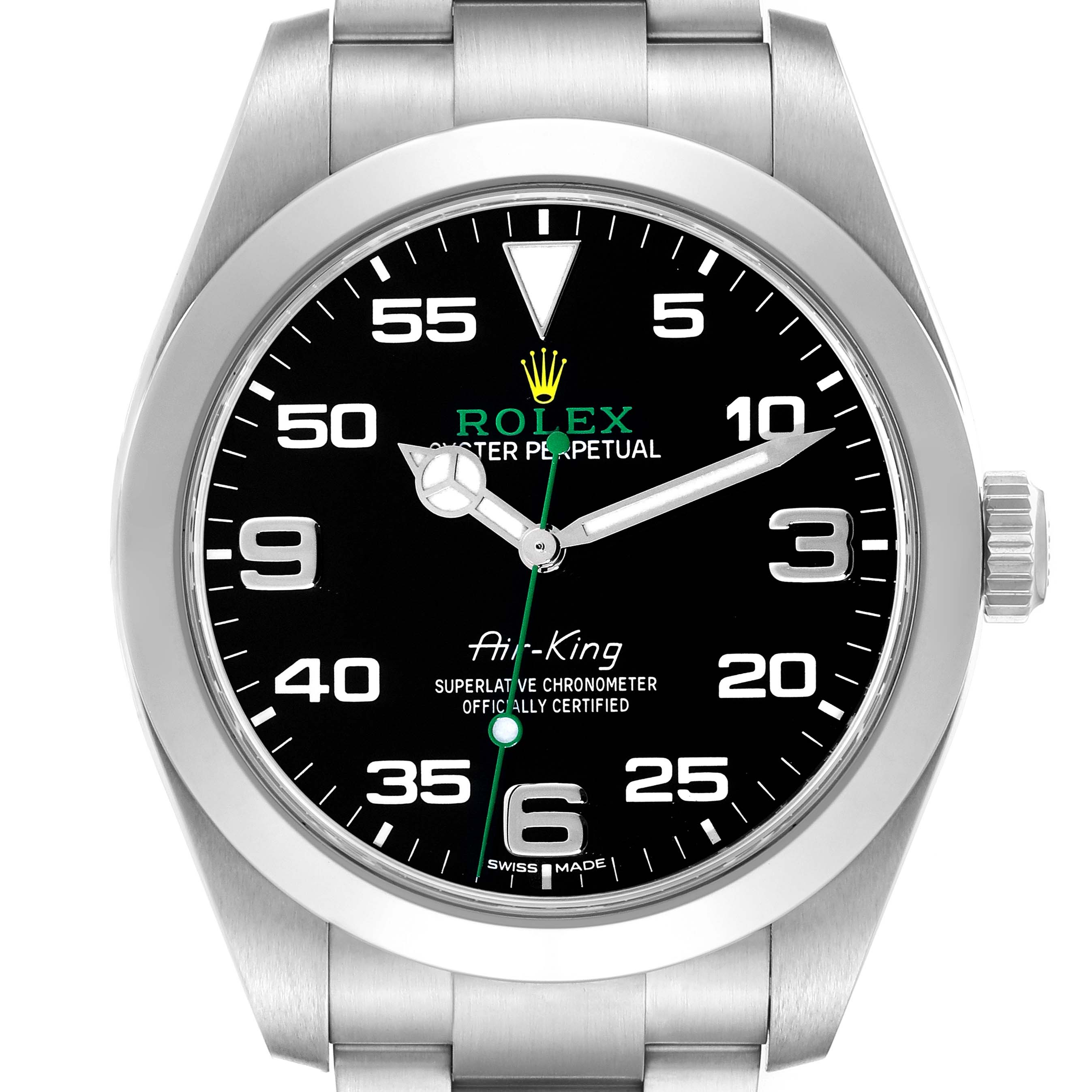 The image shows a front view of the Rolex Air-King 116900 Men's Stainless Steel Black Dial 116900 Men's Stainless Steel Black Dial watch, highlighting its black dial, stainless steel case, and bracelet.
