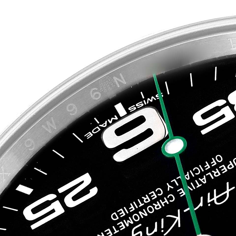 This close-up angle of the Rolex Air-King 116900 Men's Stainless Steel Black Dial 116900 Men's Stainless Steel Black Dial watch shows the numbers 25 and 9 and part of the seconds hand.
