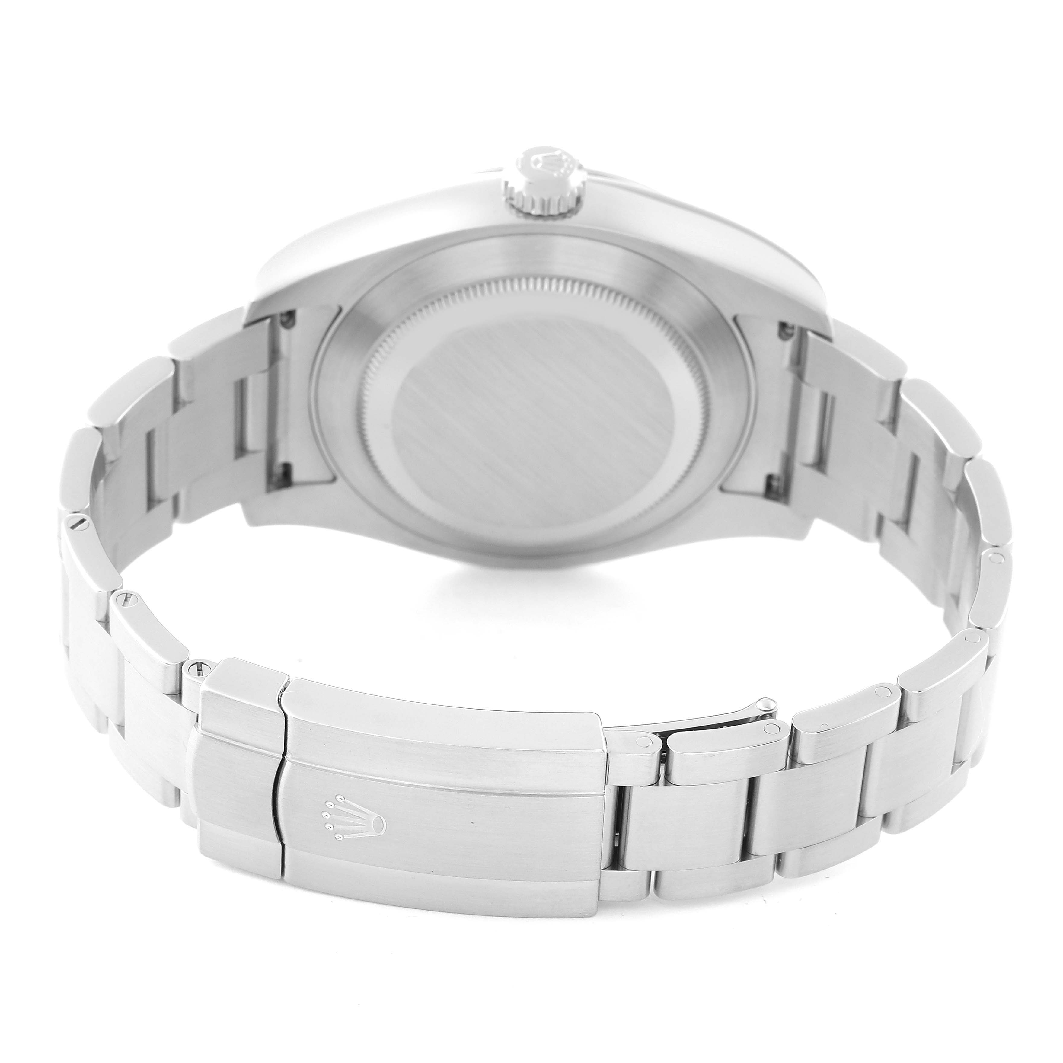 This image shows the backside and clasp of a Rolex Air-King 116900 Men's Stainless Steel Black Dial 116900 Men's Stainless Steel Black Dial watch with its stainless steel bracelet.