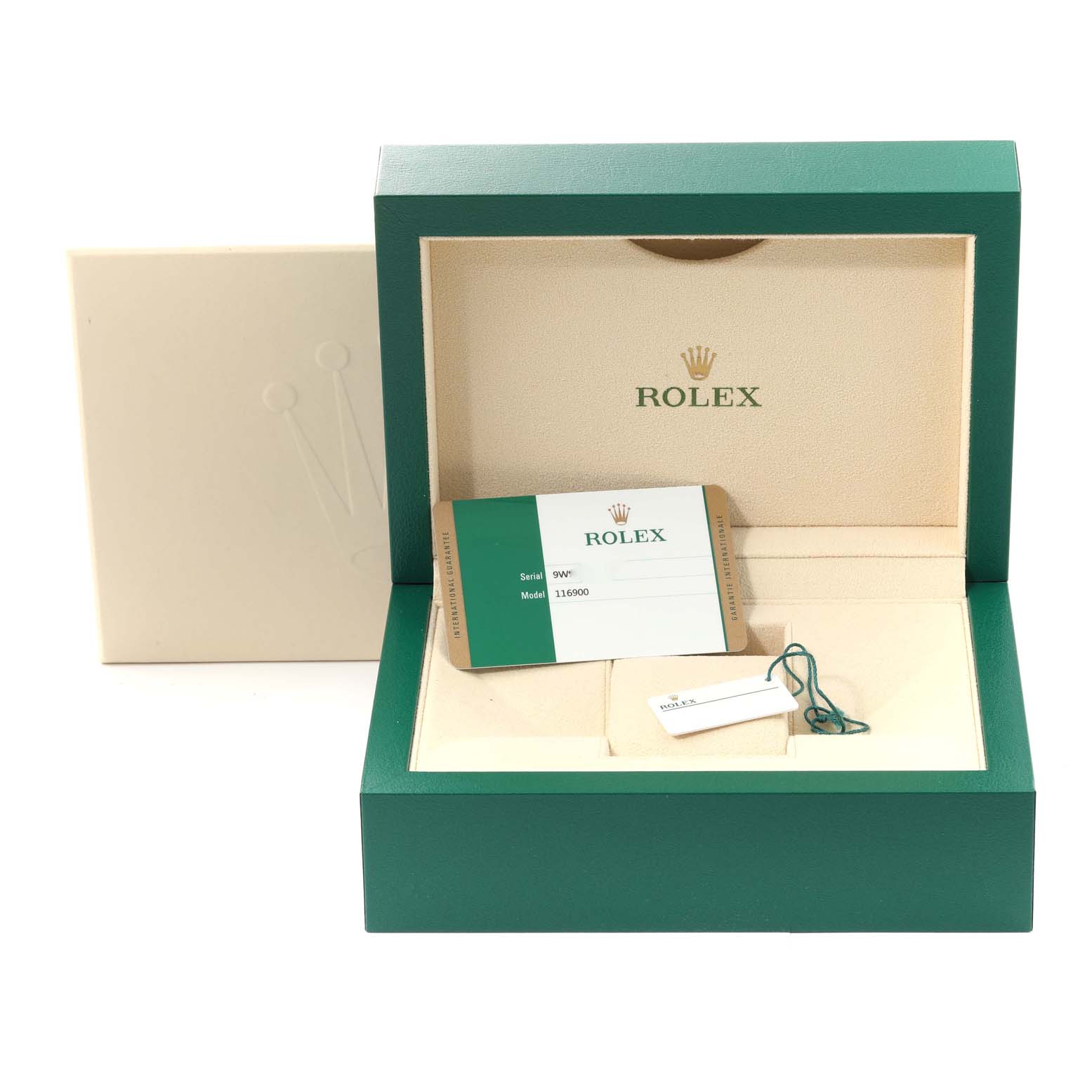This image shows the open box and identification card for a Rolex Air-King 116900 Men's Stainless Steel Black Dial 116900 Men's Stainless Steel Black Dial watch, model 116900.
